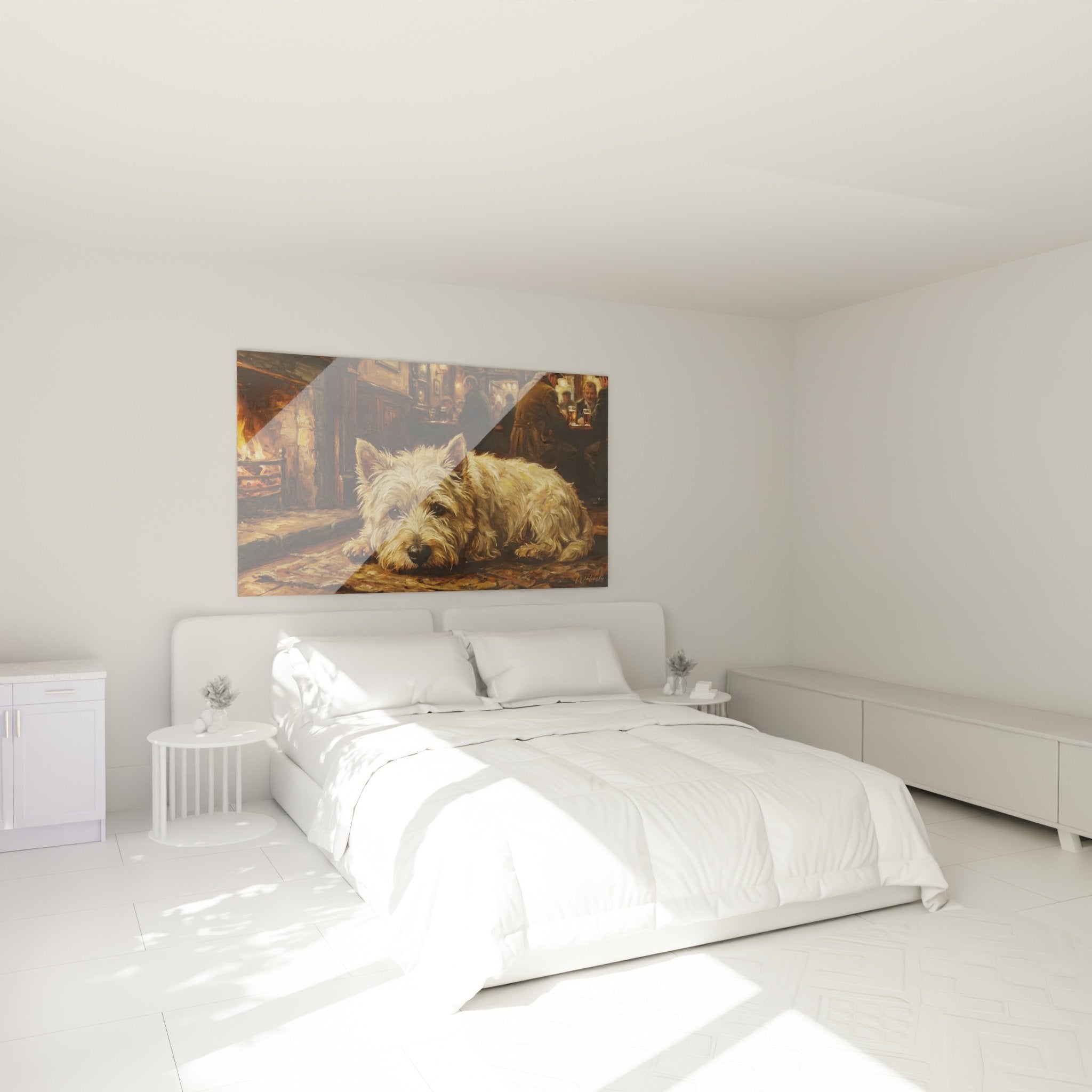 Weißer Terrier Kunstdruck Gasthof-Atmosphäre aufgehängt in gemütlichem Schlafzimmer