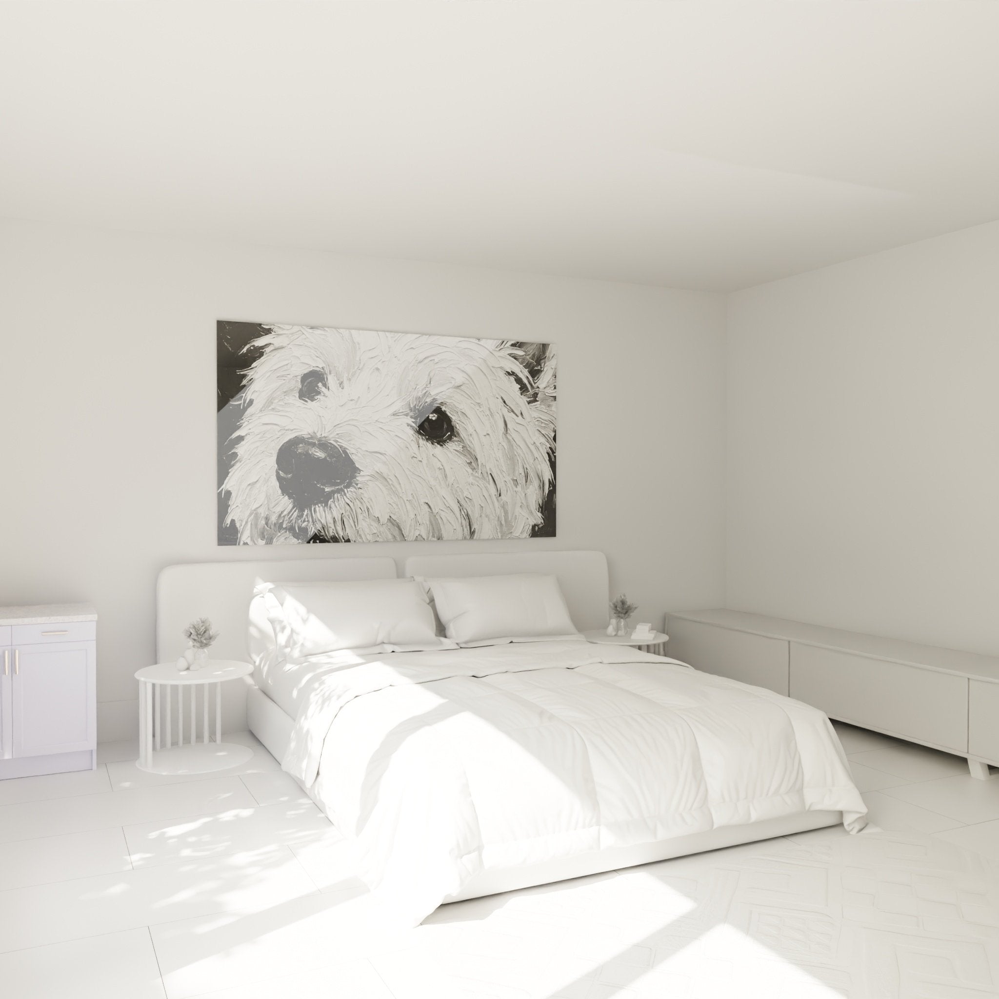Tableau West Highland White Terrier noir et blanc dans chambre contemporaine, décoration murale élégante