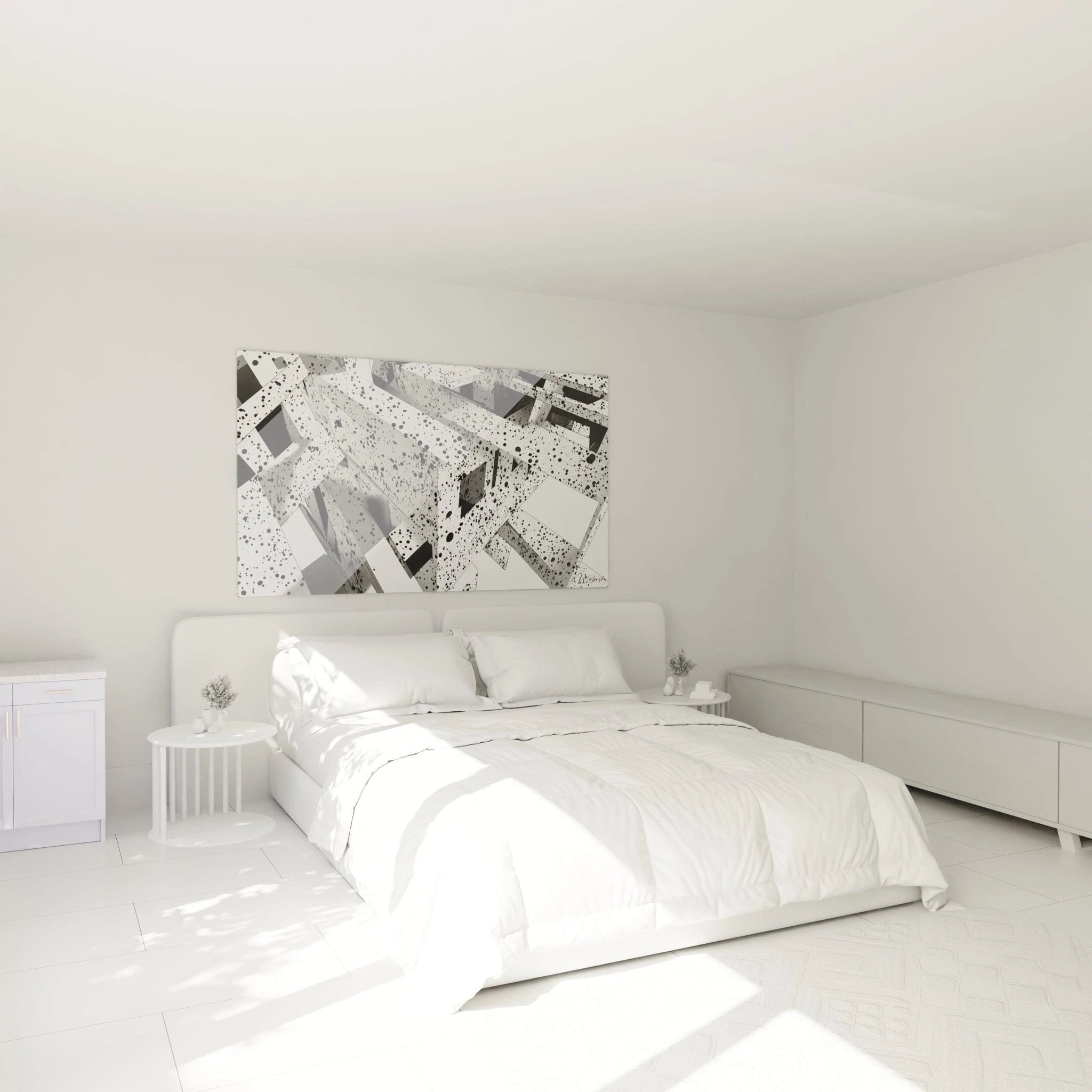 Tableau tacheté noir et blanc de Walensky accroché au-dessus d'un lit dans une chambre moderne