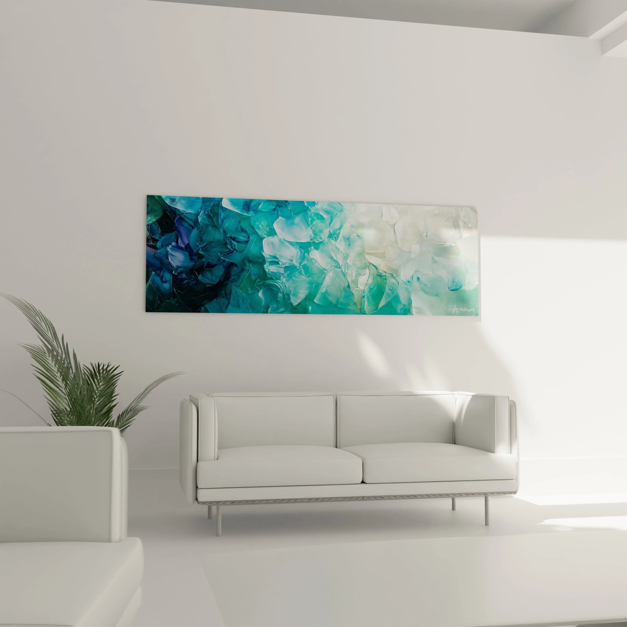 Tableau géométrique abstrait Walensky aux nuances de bleu et vert, parfait pour décorer un salon moderne