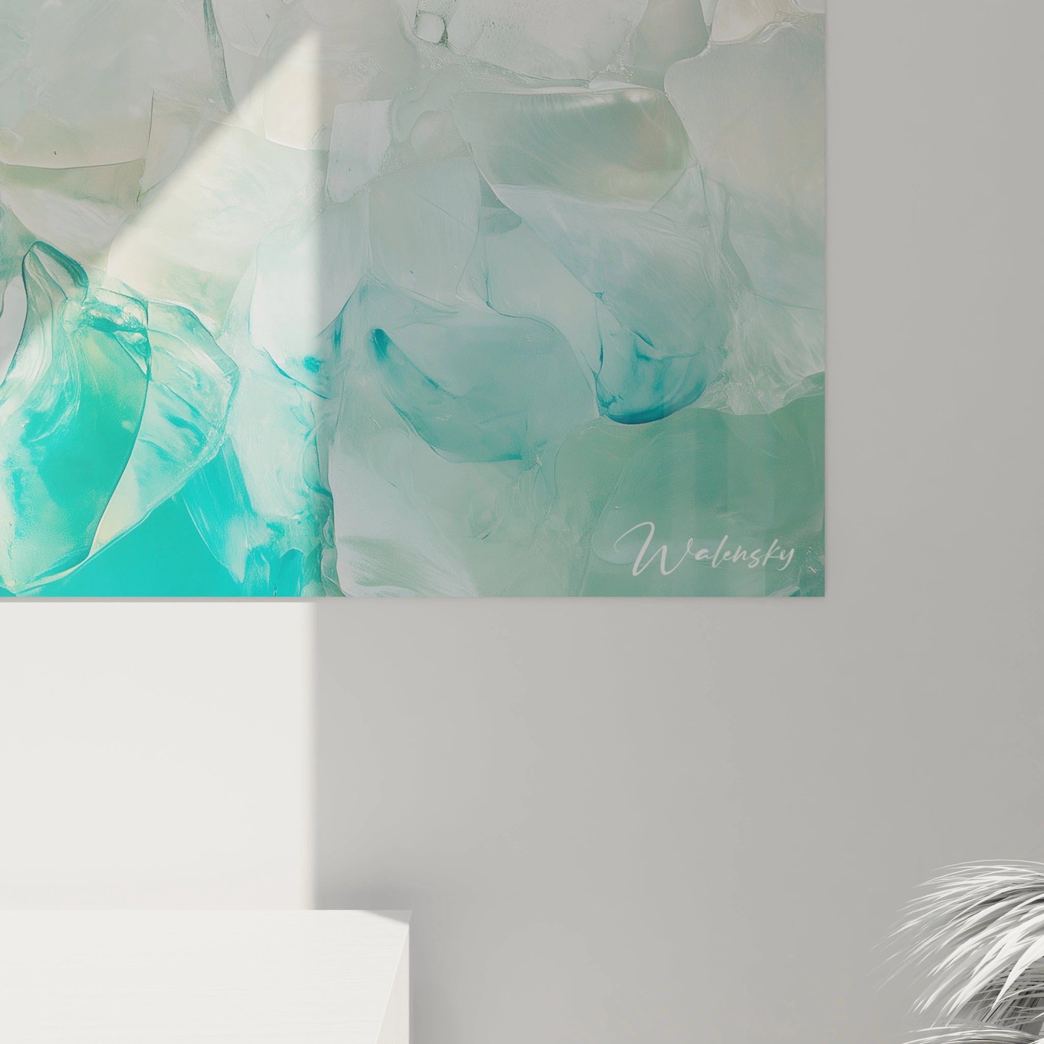 Tableau géométrique abstrait de Walensky, couleurs turquoise et transparente, parfait pour décorer un intérieur moderne