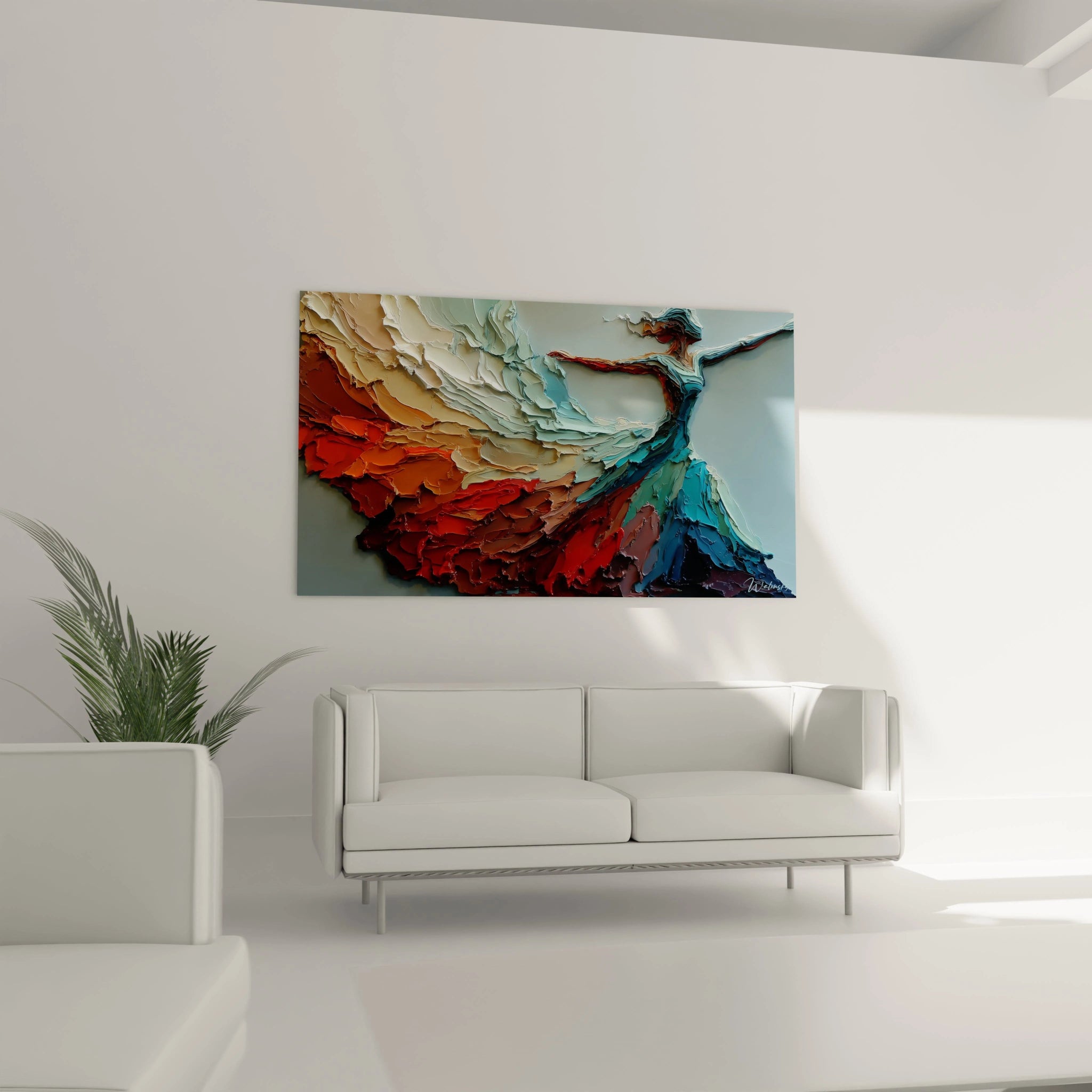 Tableau texturé haut de gamme représentant une danseuse colorée dans un intérieur moderne