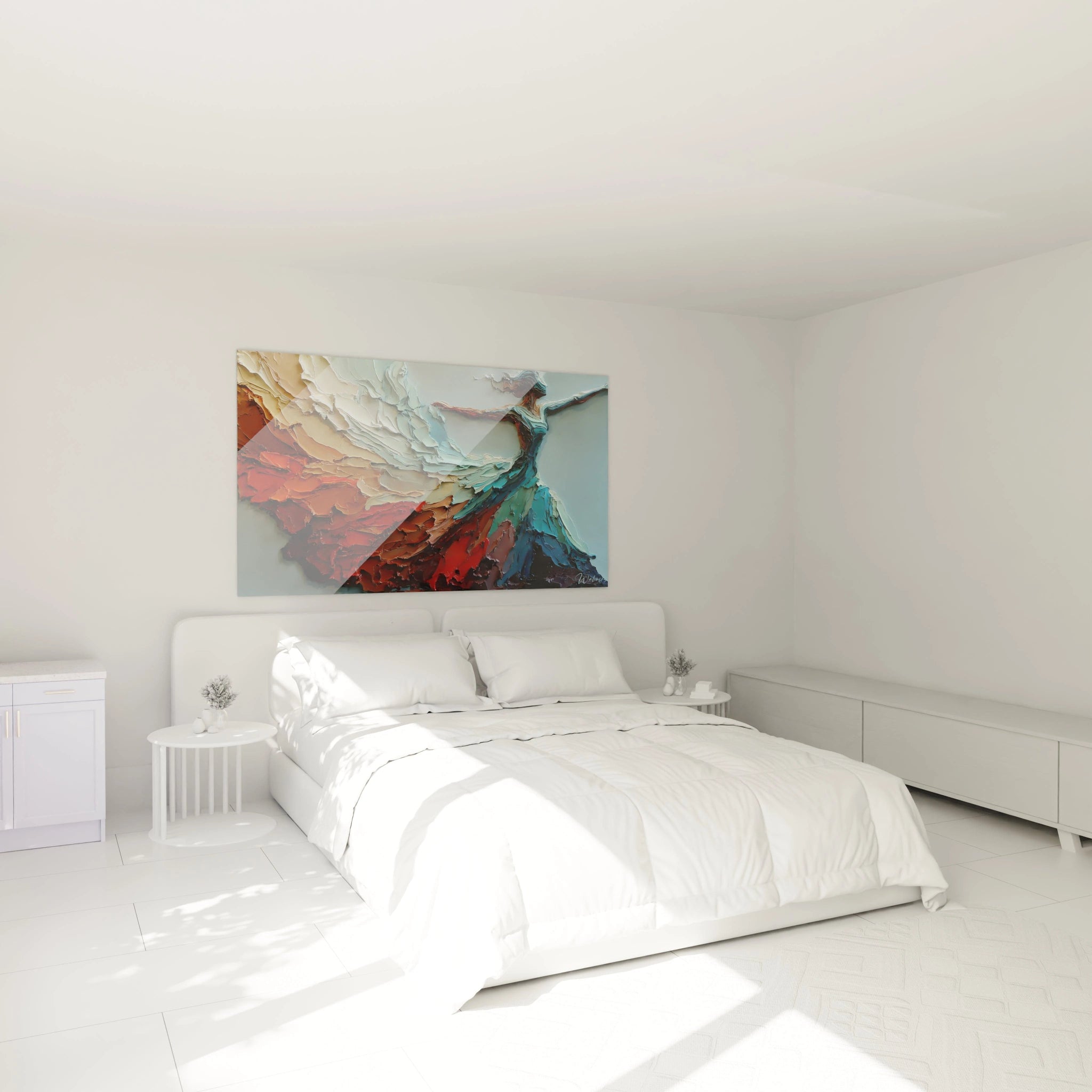 Tableau mural texturé haut de gamme de Walensky avec des couleurs vibrantes dans une chambre moderne