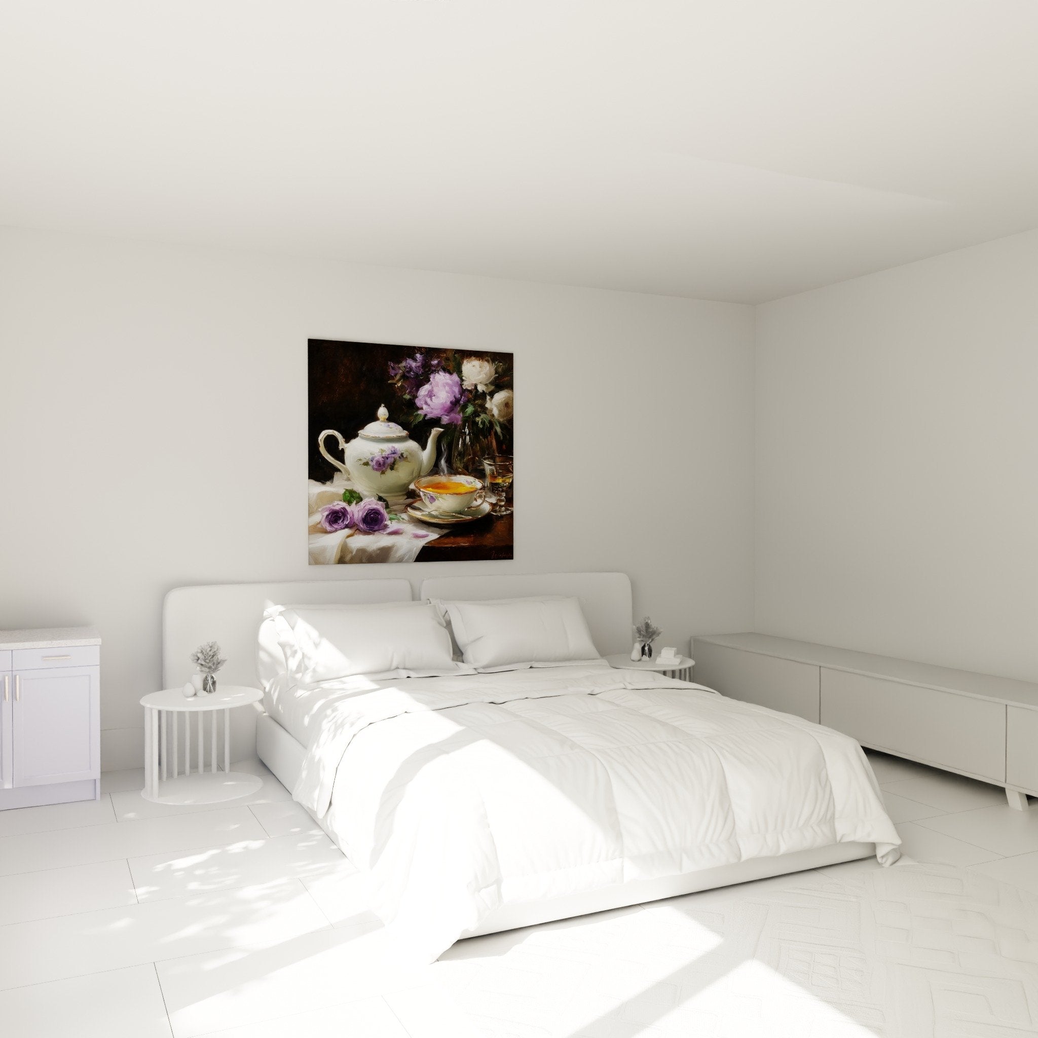 Tableau nature morte théière roses violettes décoration murale chambre romantique