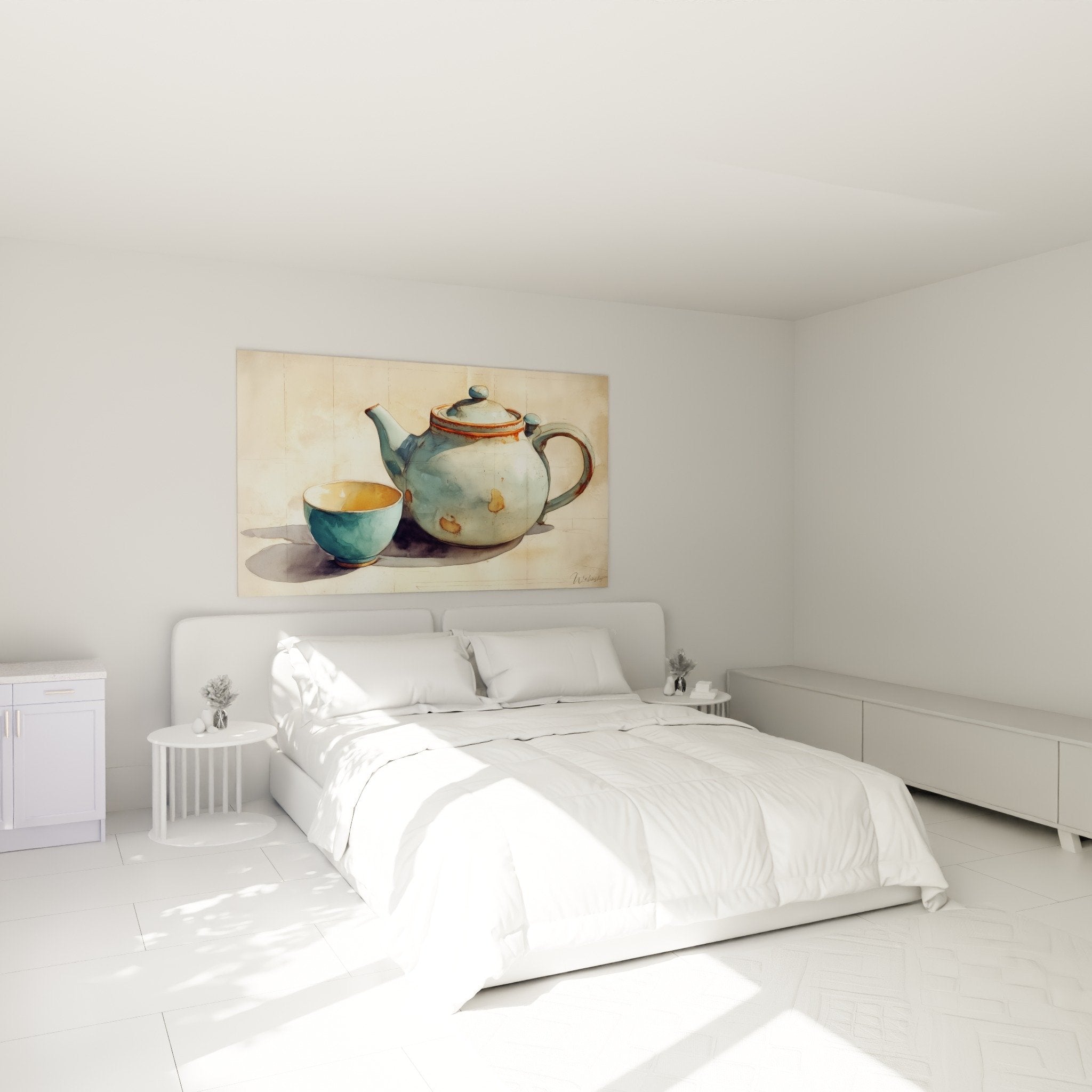Tableau théière japonaise bleu céladon dans chambre moderne murs blancs décoration zen