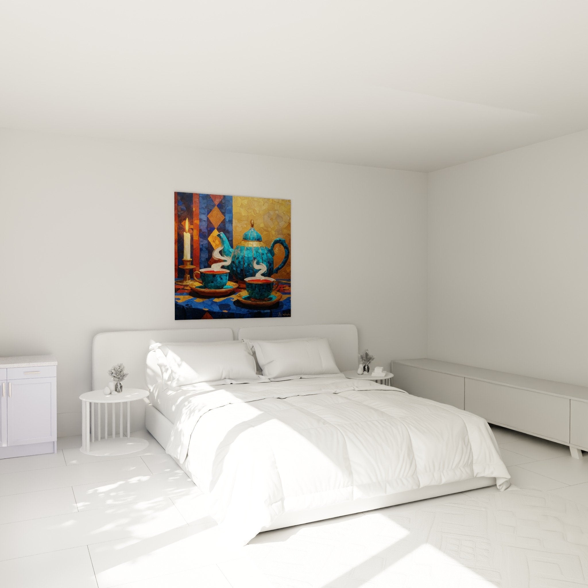 tableau theiere japonaise bleue decoration chambre ambiance zen service the vapeur bougie chaleureuse