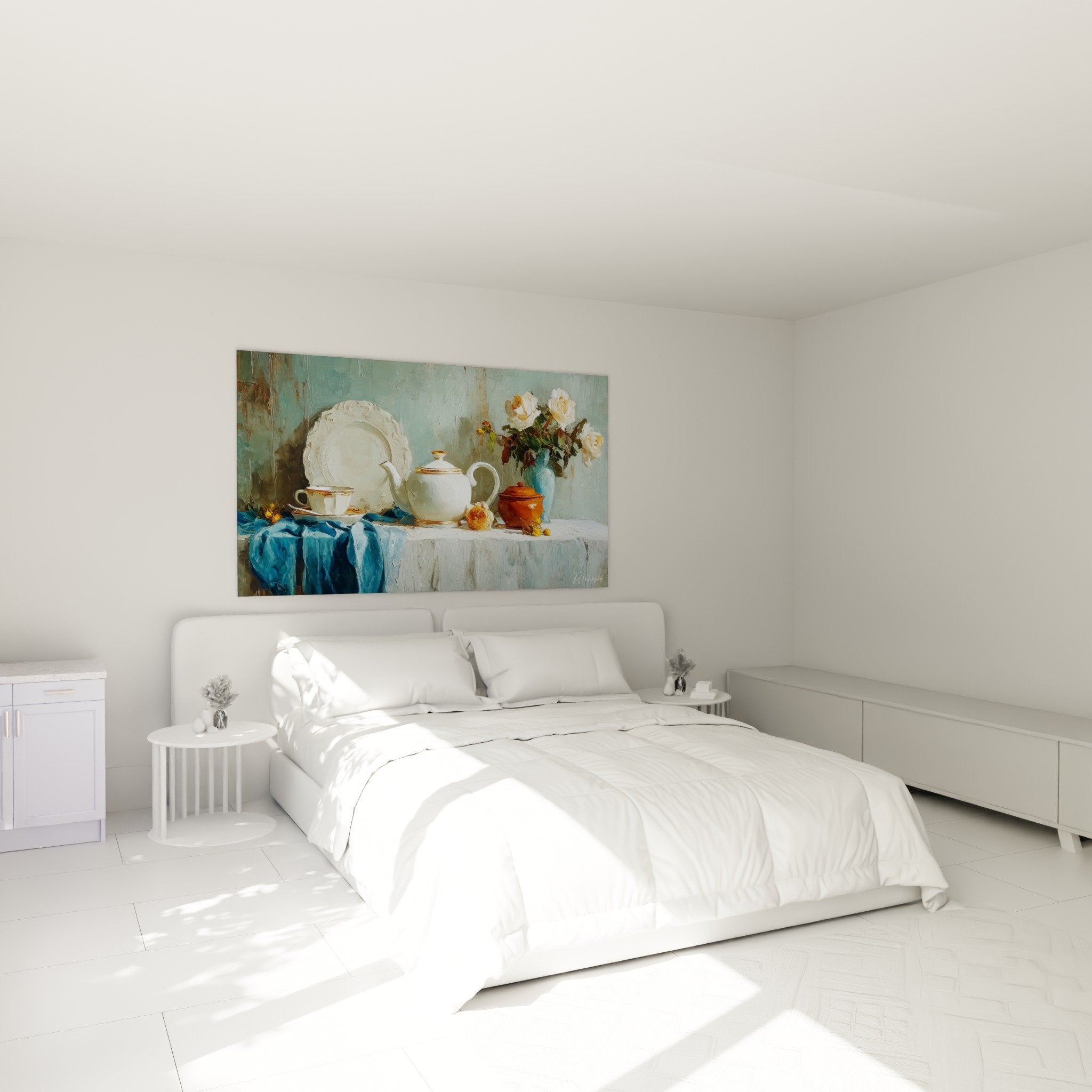 Still life teapot roses painting bedroom wall art elegant decor soft romantic ambiance