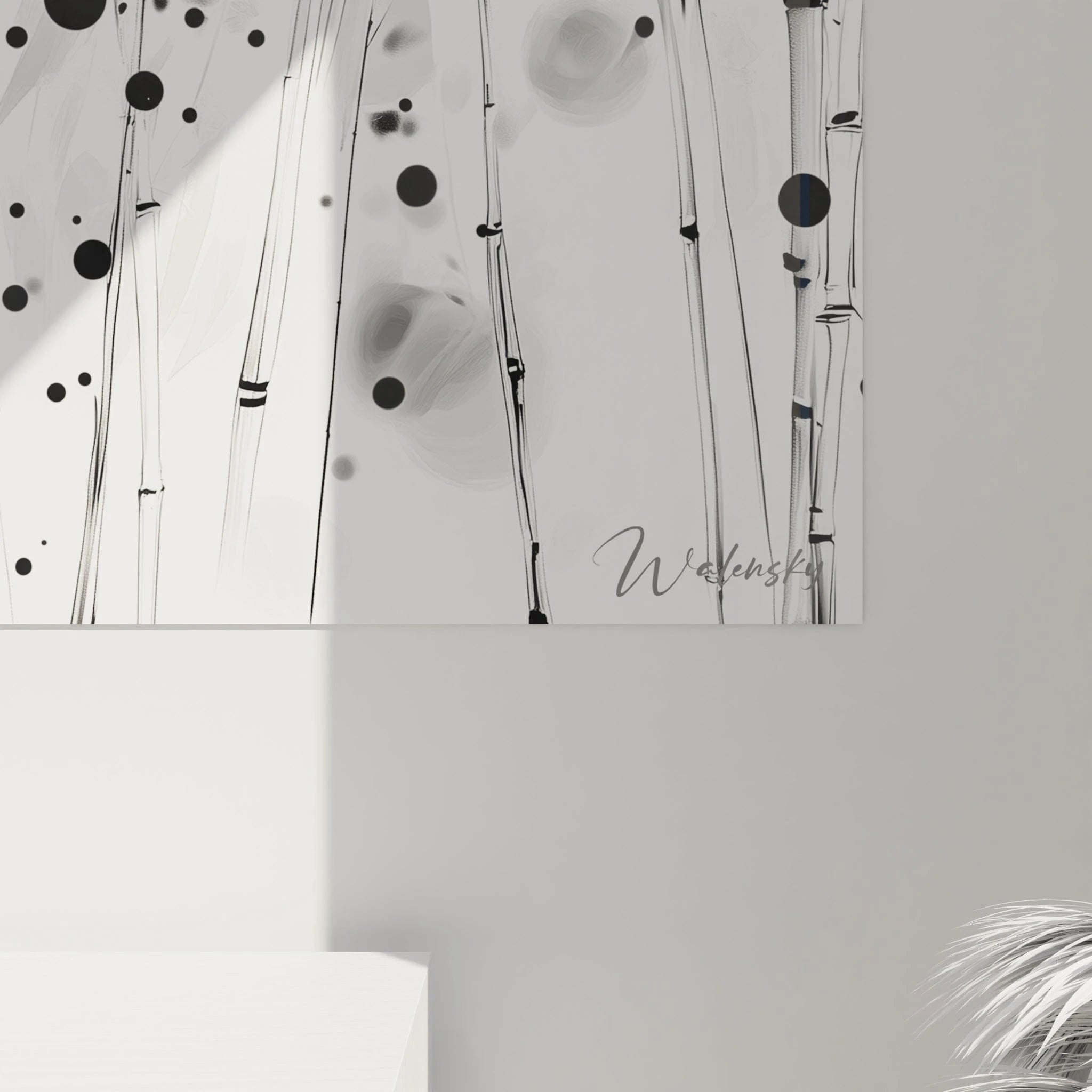 Tableau tacheté noir et blanc de Walensky avec motifs stylisés sur fond clair