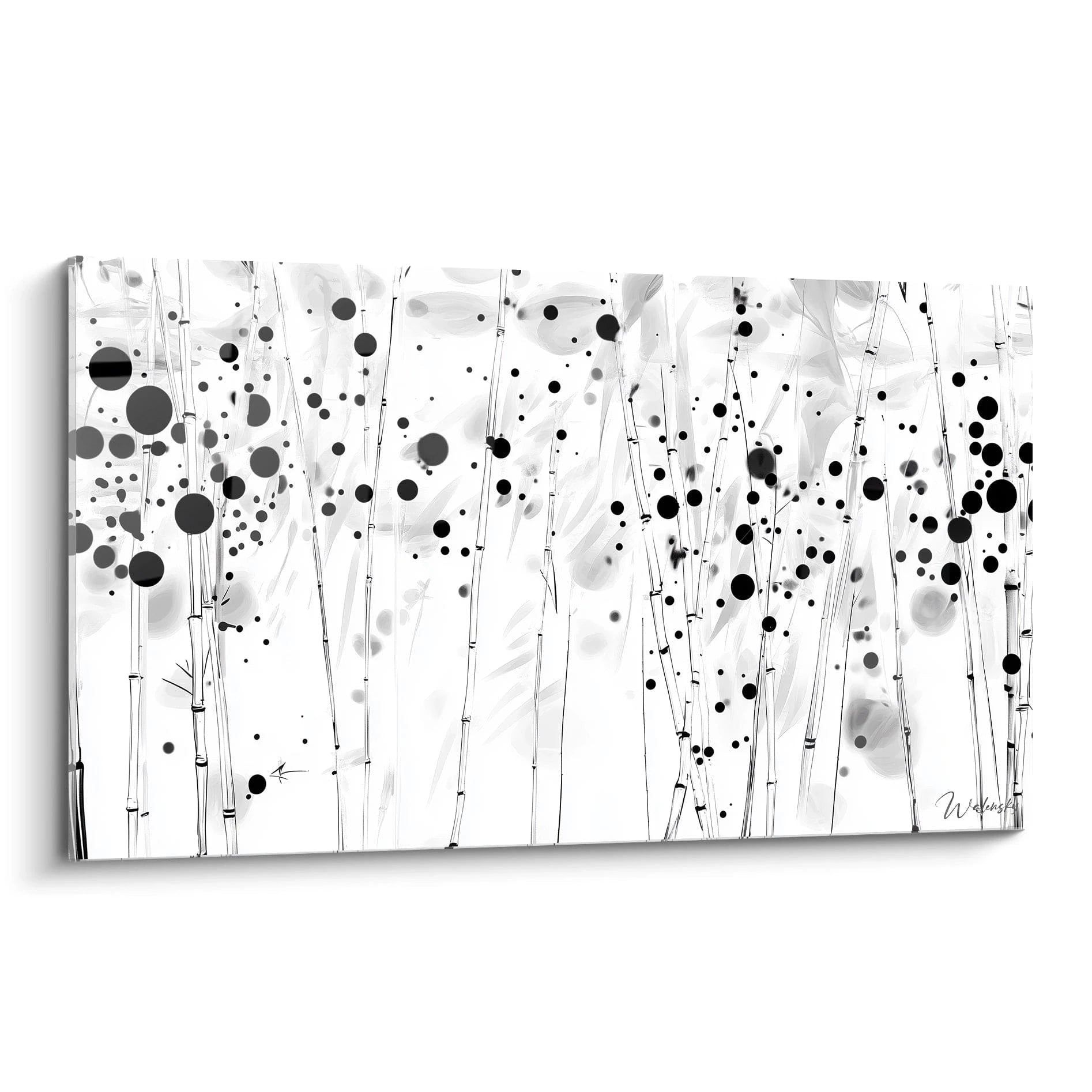 Tableau tacheté noir et blanc de Walensky avec des motifs graphiques en bambou et des cercles noirs