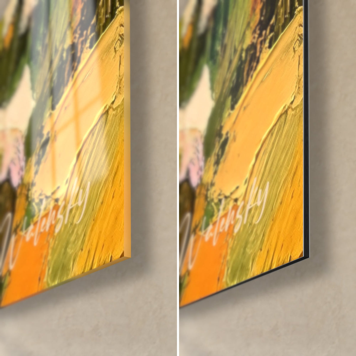 Quadro paesaggio d'alta quota dipinto a pasta spessa, tocchi giallo ocra e arancio nell'angolo in basso a destra, vetro lucido e Dibond opaco affiancati