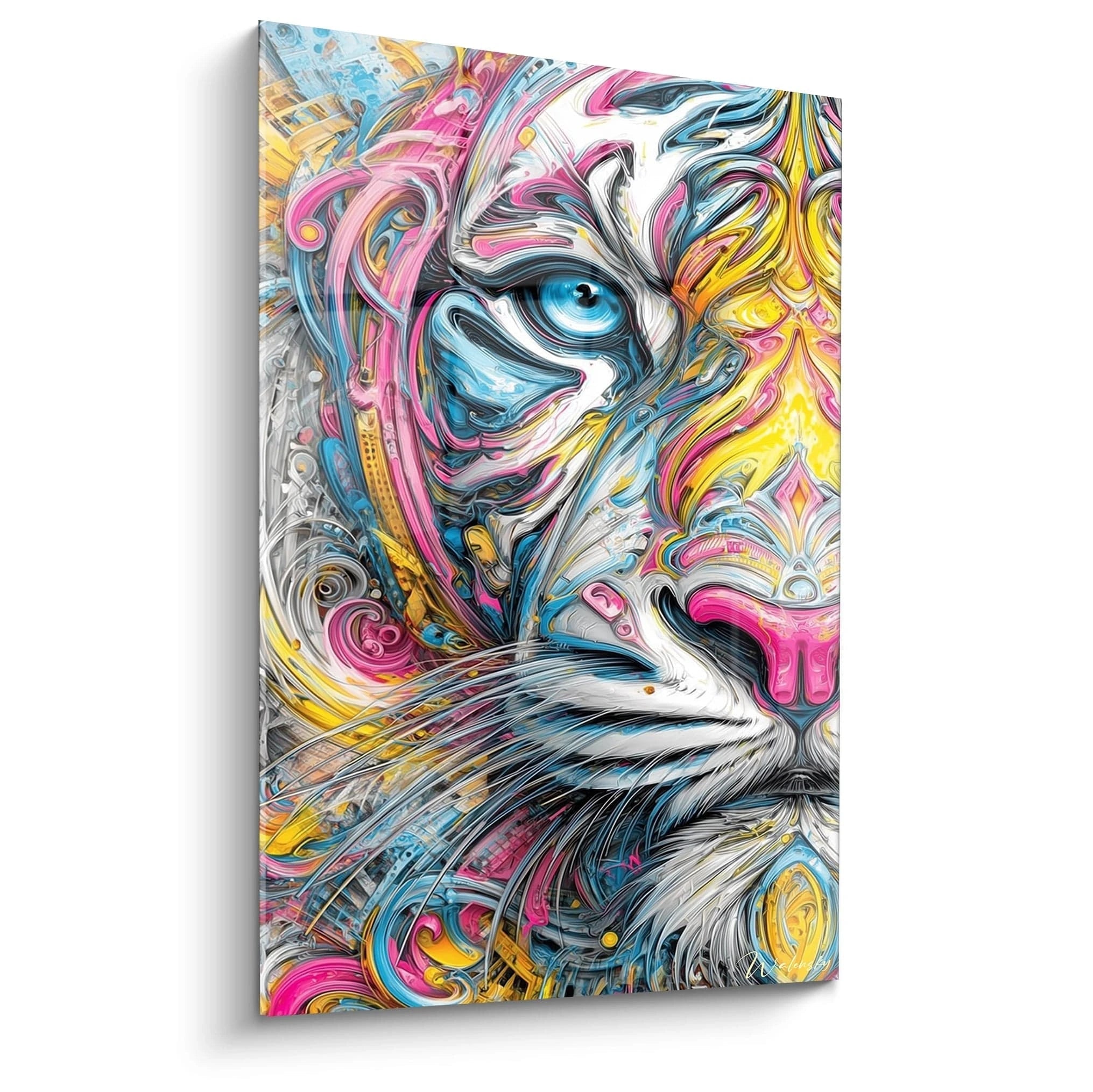 Tableau mural lion abstrait psychédélique aux couleurs vives rose bleu jaune art contemporain déco moderne