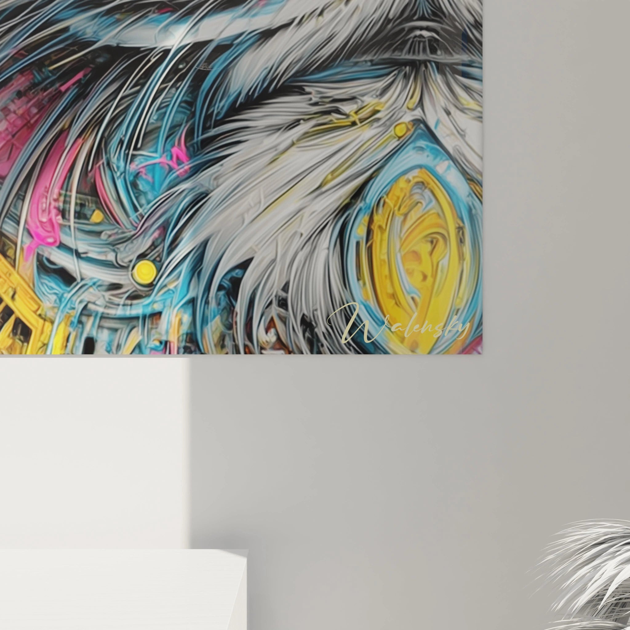 Vue ensemble tableau mural lion abstrait coloré décoration psychédélique art contemporain couleurs folie