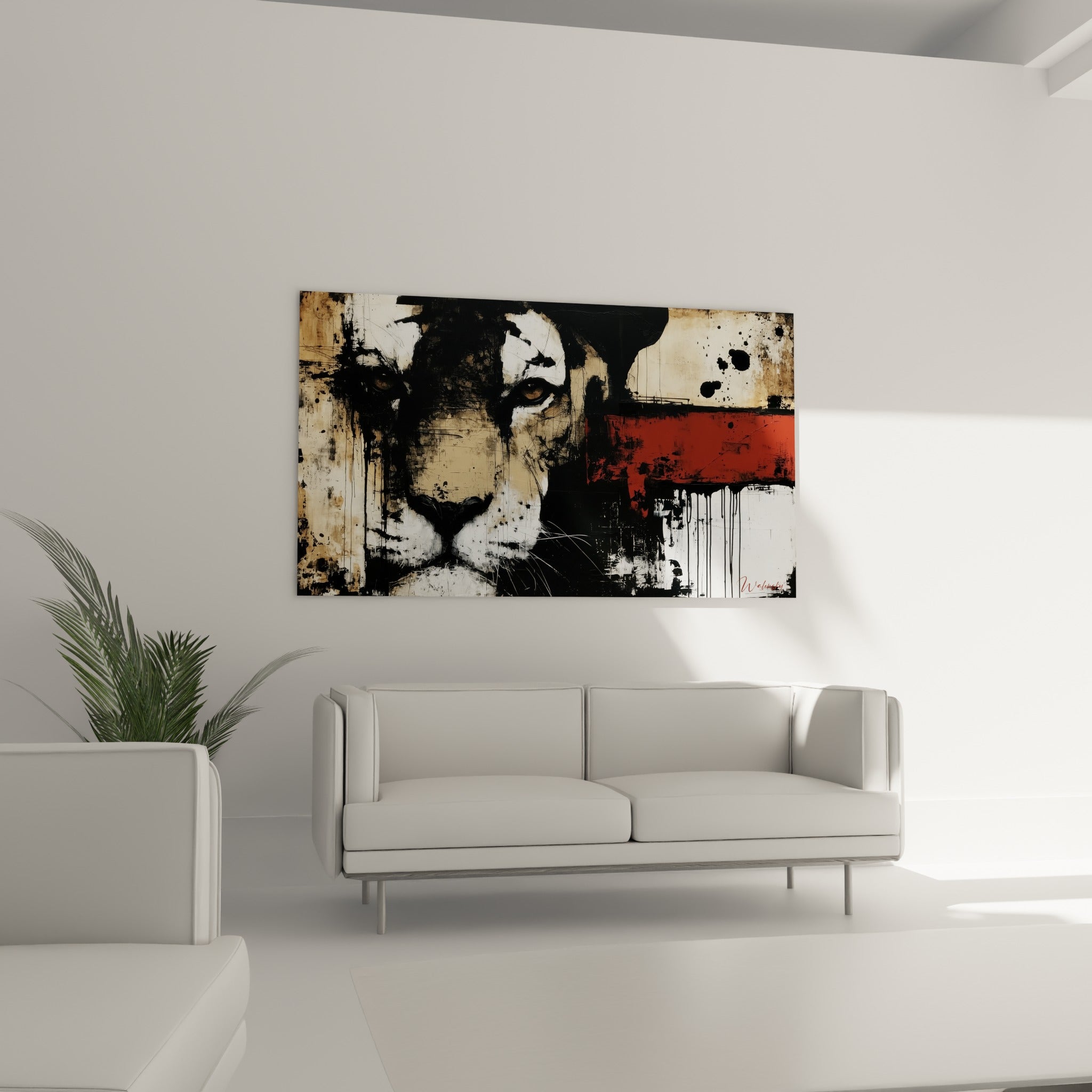 Regard perçant du tigre en camaïeu noir et terracotta, au-dessus d'un canapé dans un salon lumineux