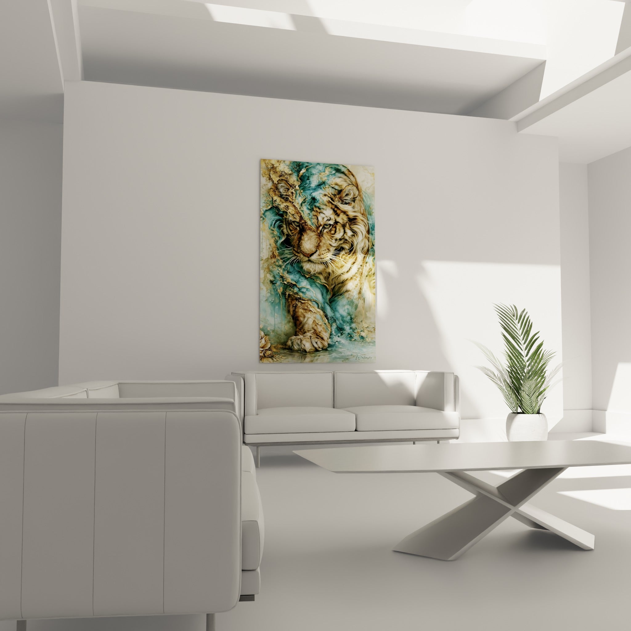 Tigre anthracite et bleu pastel figé dans son élan, au-dessus d'un canapé dans un salon lumineux