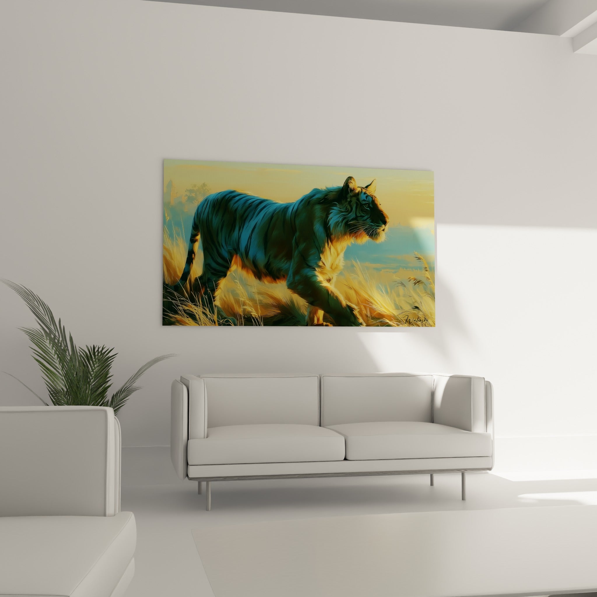 Tigre au pelage bleu marine et doré en marche, au-dessus d'un canapé dans un salon lumineux