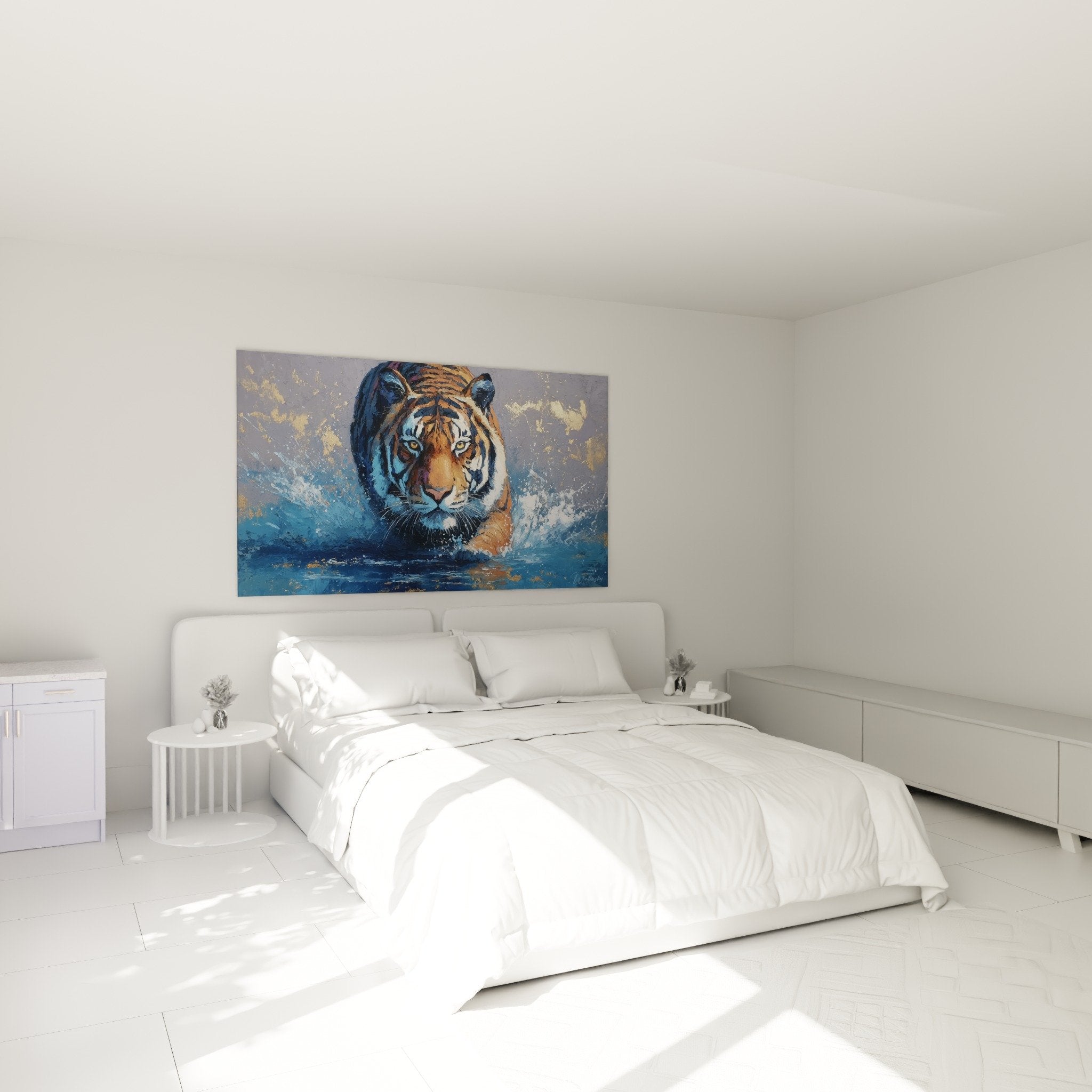 Tableau tigre aquatique dans chambre moderne avec décoration murale bleue et dorée
