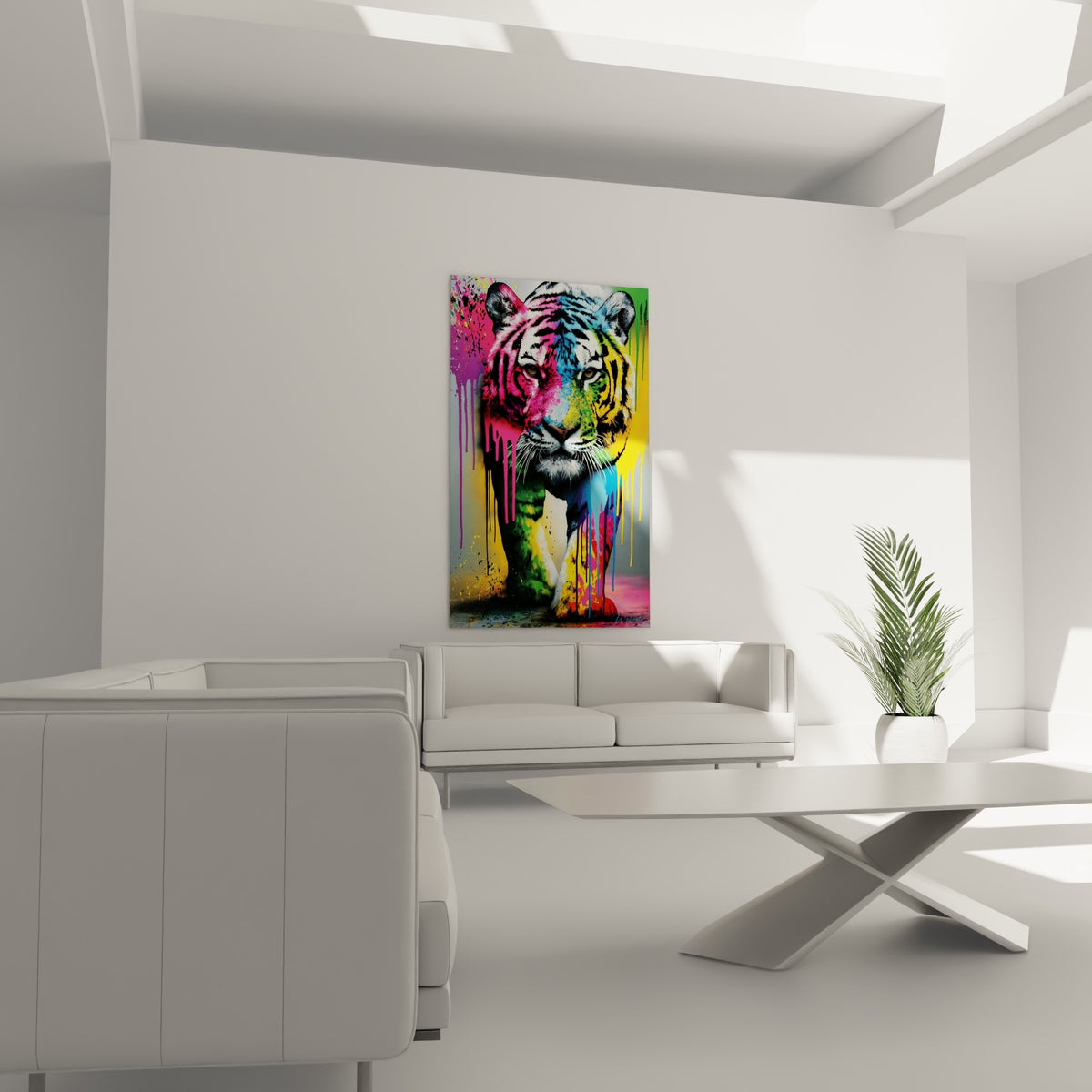 Tigre bicolore rose et bleu ciel, rayures noires marquées, accroché au-dessus d'un canapé dans un salon lumineux