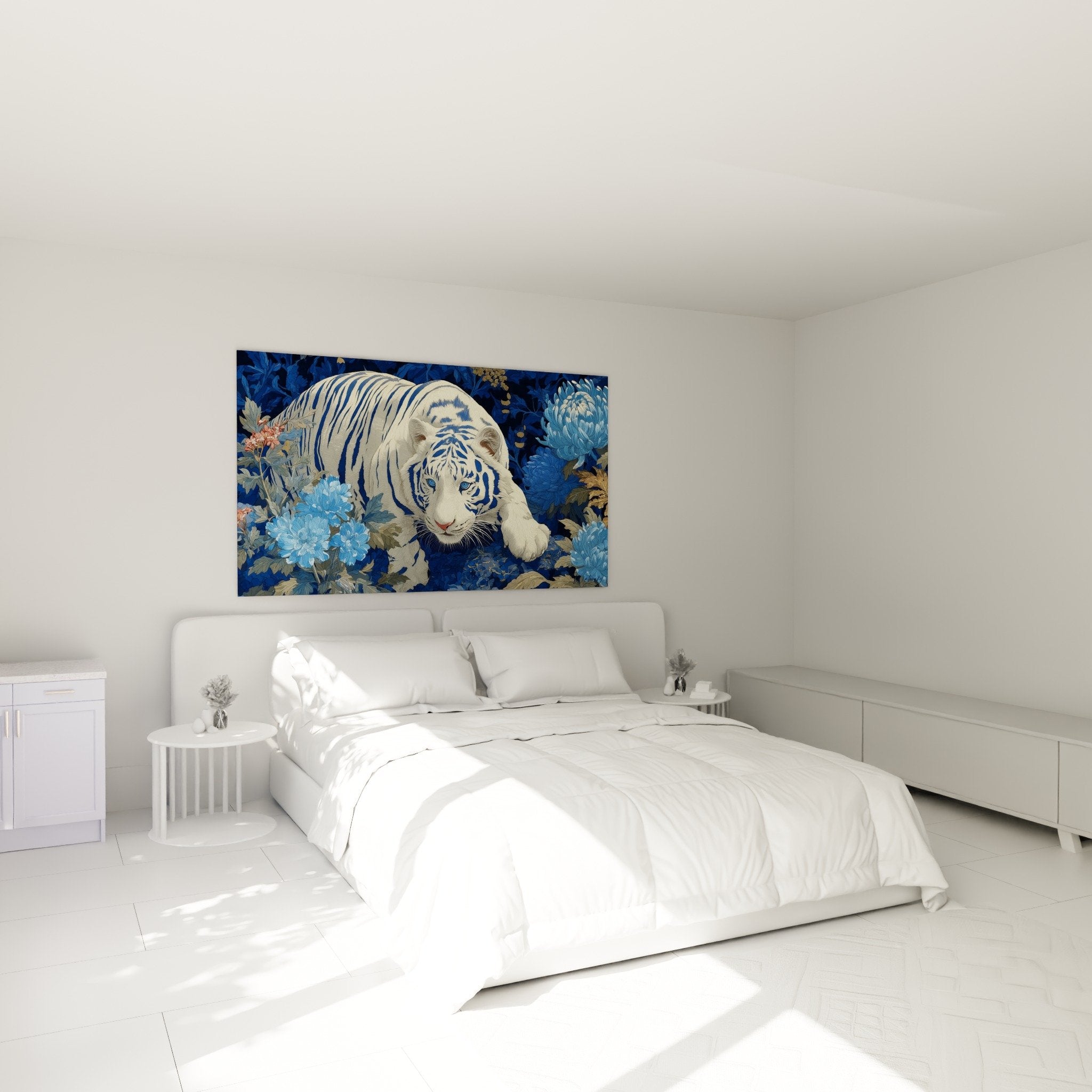 Decorative white tiger wall art in a modern bedroom with white walls
