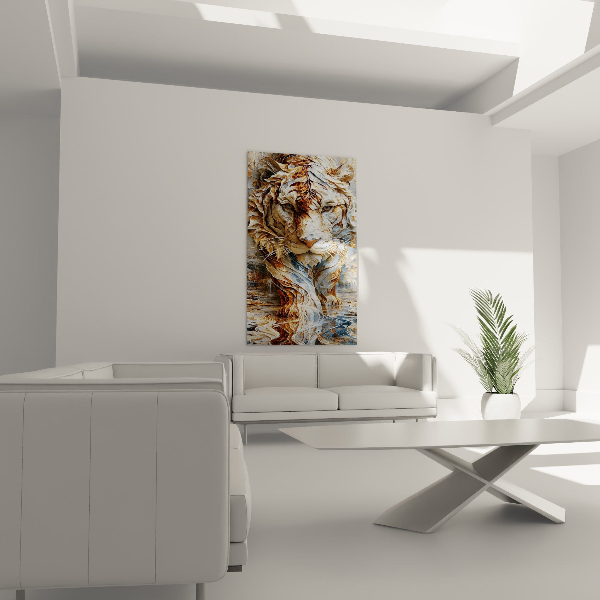 Félin sculpté aux tons dorés et bleu ardoise, suspendu au-dessus d'un canapé dans un salon lumineux