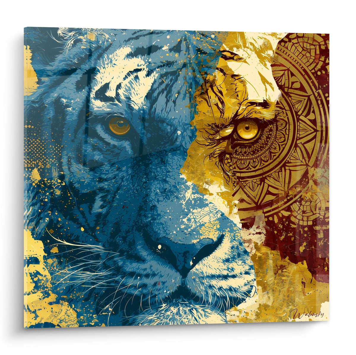 Tigre bicolore bleu marine et doré, regard perçant, mandala gravé, motifs éclatés en gros cadre
