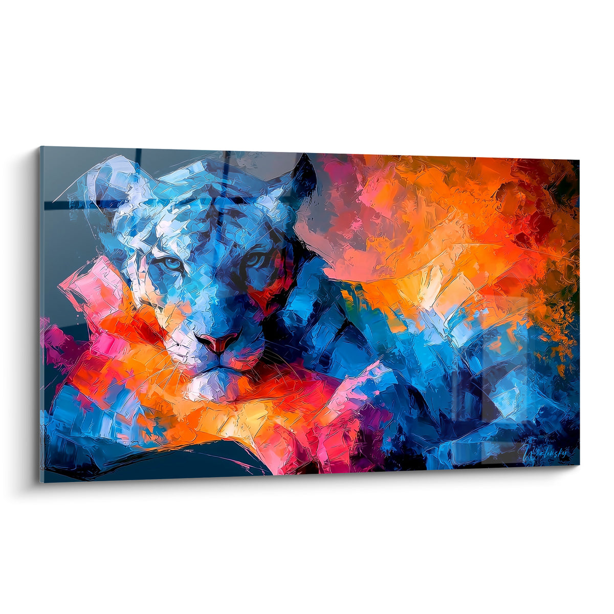Tigre bleu glacial au regard perçant, entouré de flammes oranges et rouges peintes au couteau
