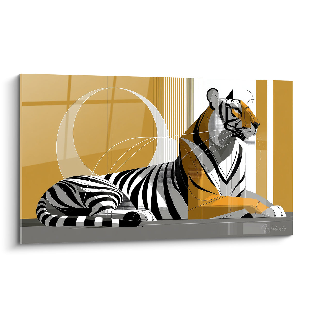 Tigre couché rayé noir et blanc sur fond ocre géométrique orné d'un cercle lunaire
