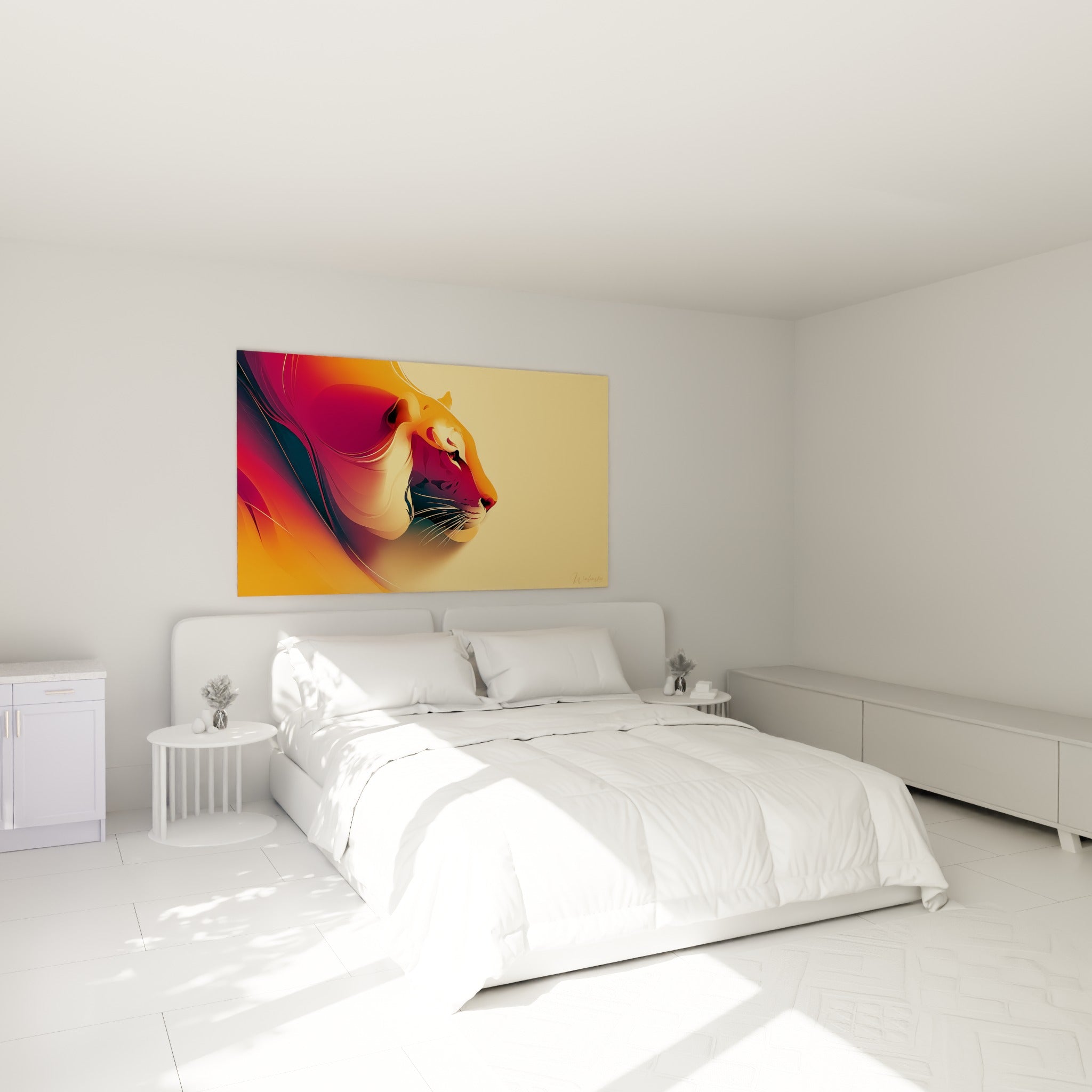 Félin graphique aux tons orange et anthracite affiché au-dessus d'un lit dans une chambre claire