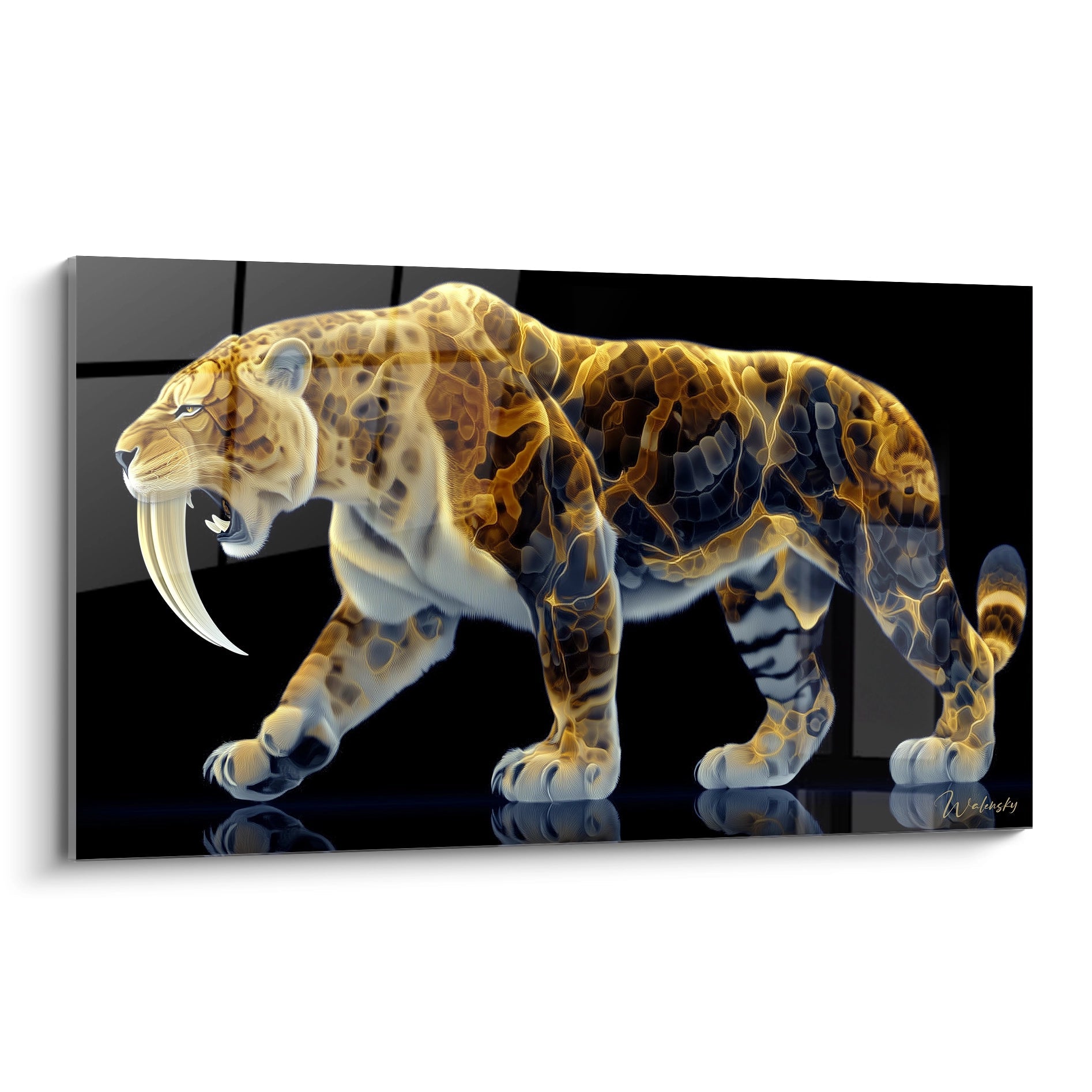 Tableau mural tigre à dent de sabre aux effets luminescents dorés sur fond noir
