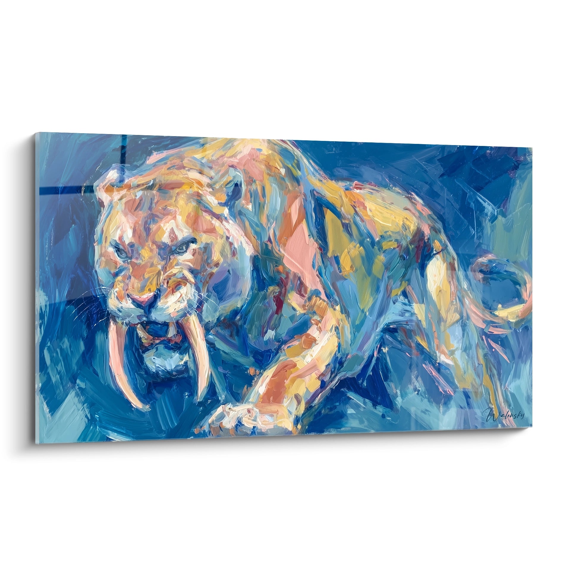 Tableau tigre à dent de sabre peinture huile style impressionniste couleurs vives bleu orange