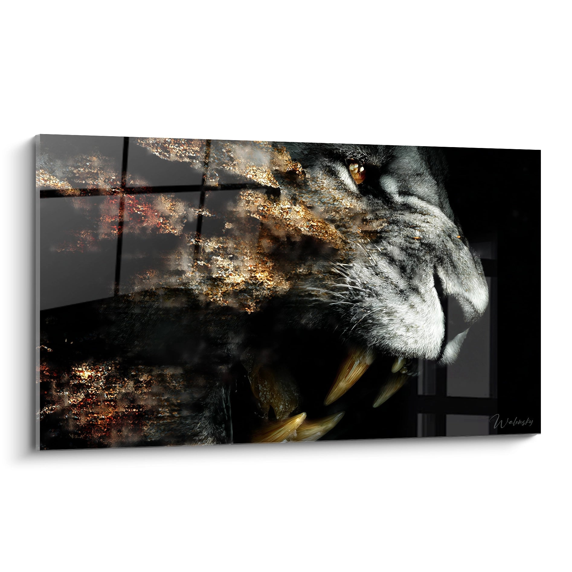 Tableau mural tigre à dents de sabre rugissant avec effets dorés sur fond sombre, art préhistorique moderne