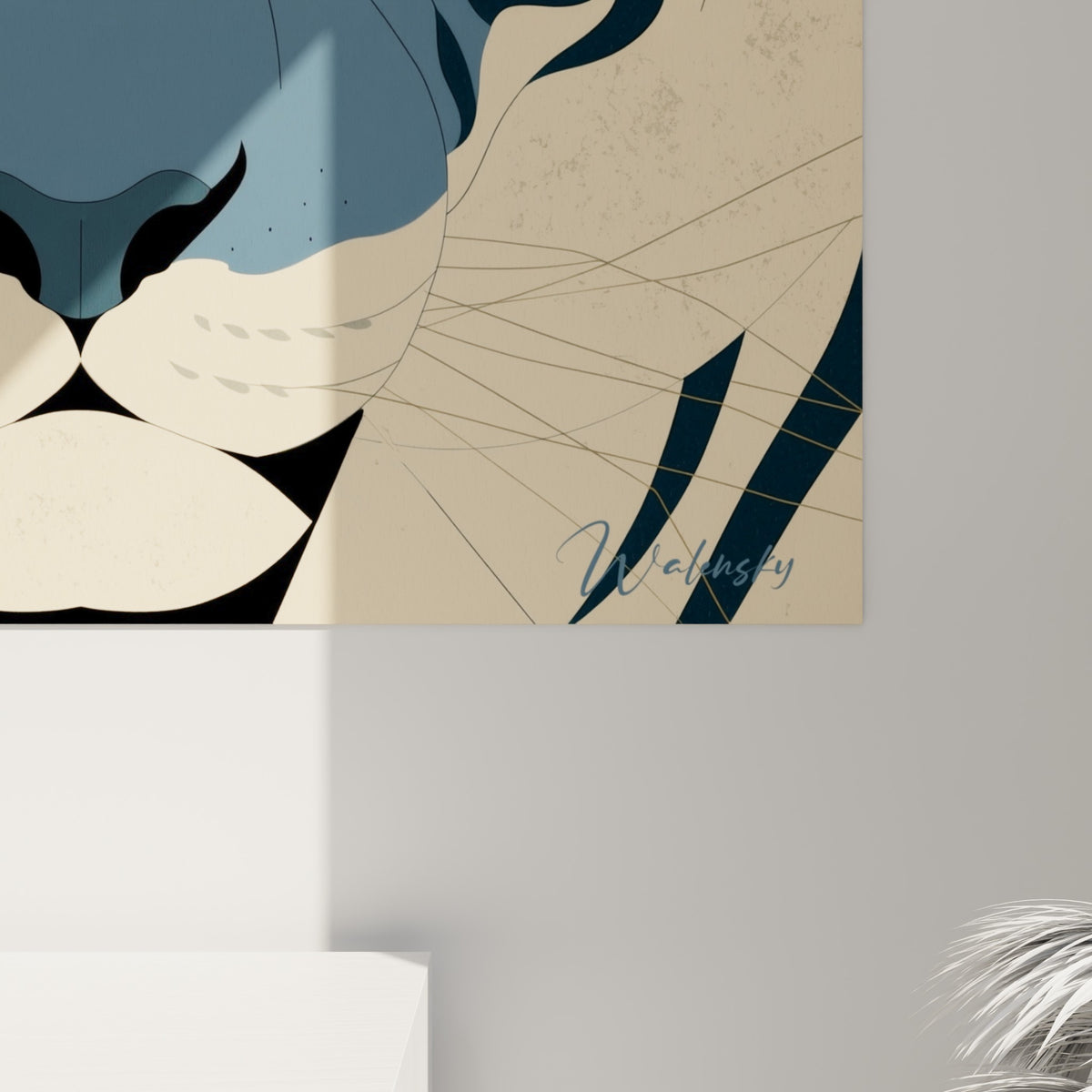 Détail du visage du tigre montrant les aplats orange et bleu ardoise, texture granuleuse du fond ivoire