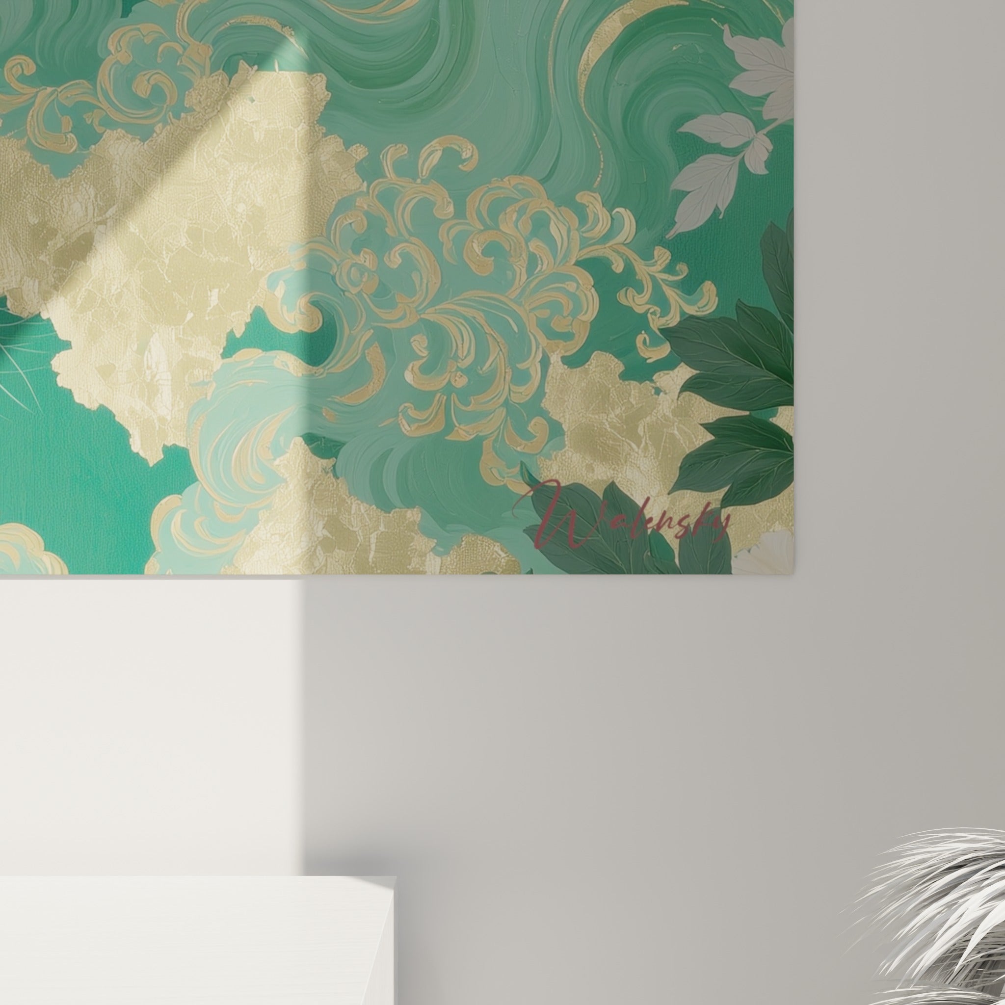 Détail des rayures dorées et du grain doré sur fond vert profond du tableau tigre