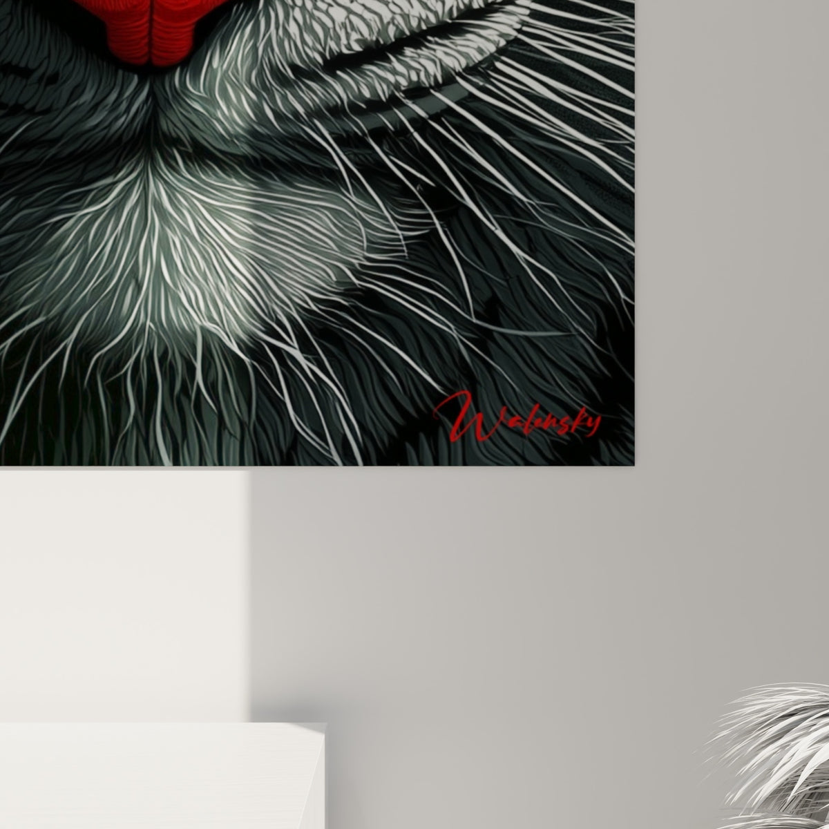 Détail rapproché du pelage du tigre où le grain gris rencontre les rayures rouges et noires imprimées
