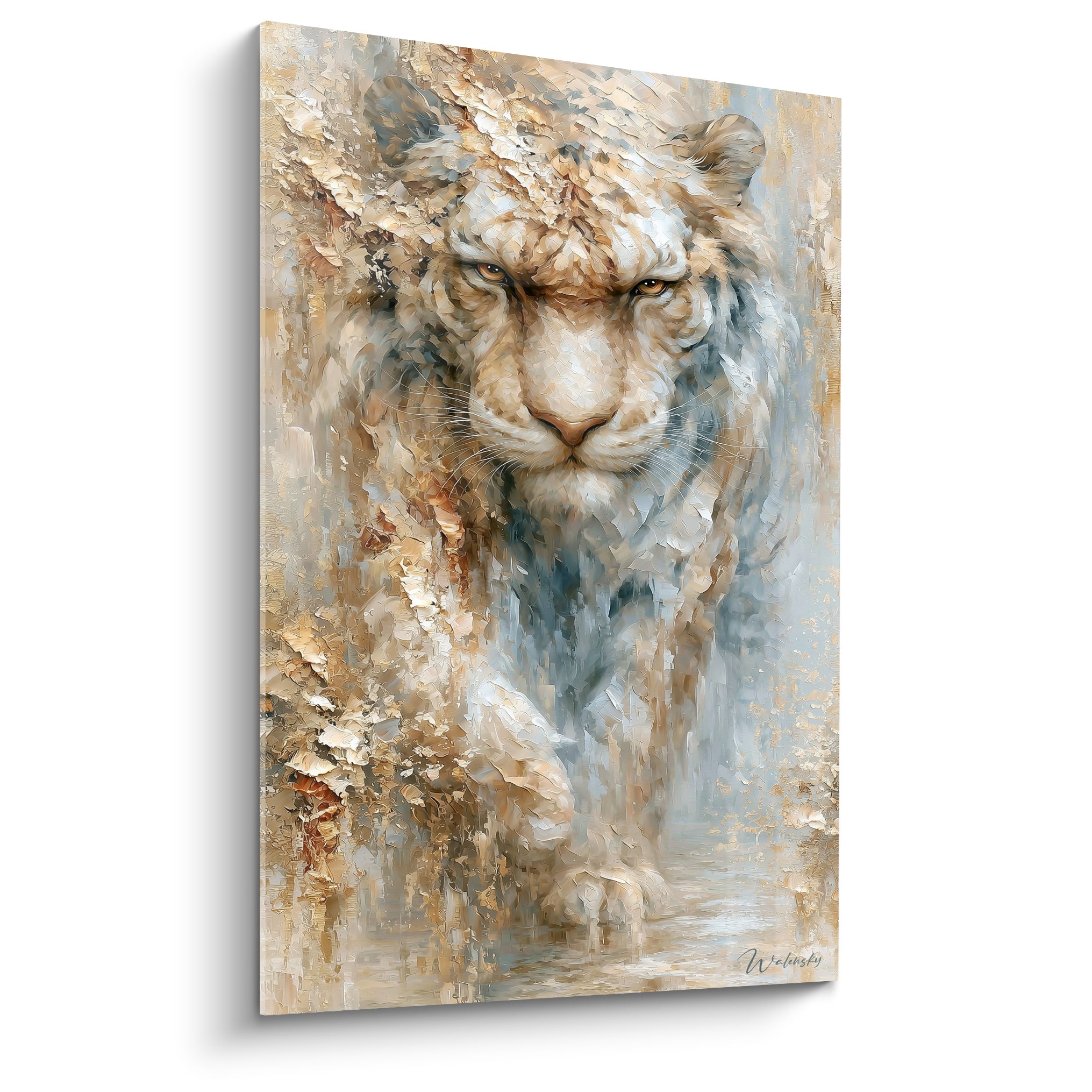 Tigre au pelage doré et bleu pastel, regard fixe, texture en empâtement épais sur toile