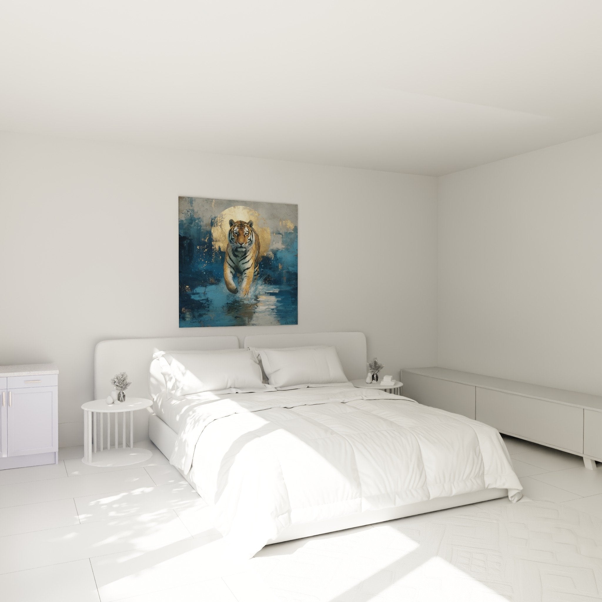 tableau tigre dore bleu chambre moderne decoration murale contemporaine