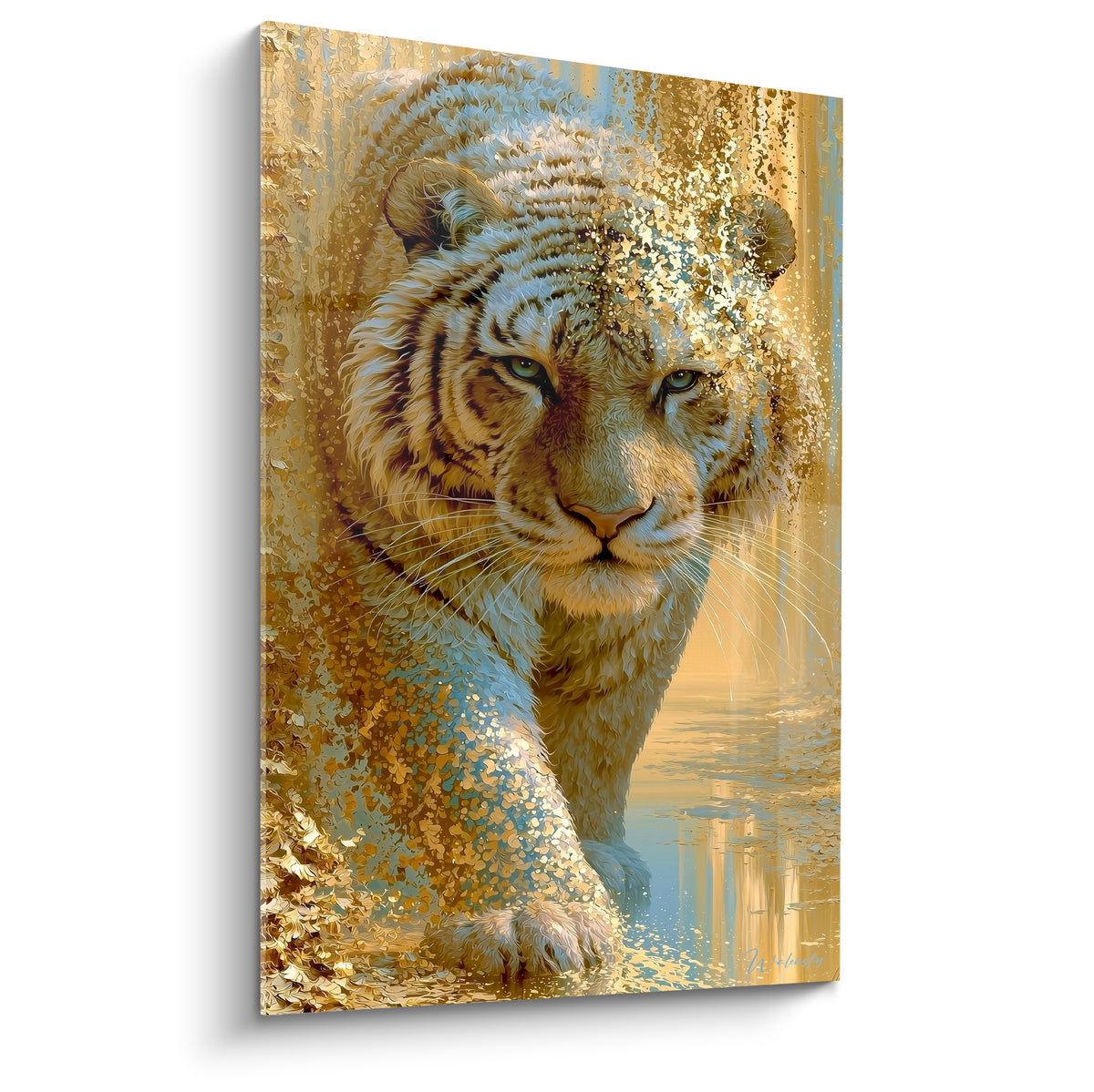 Tigre doré au regard bleu-vert, corps se dissolvant en éclats dorés et bruns sur fond pastel