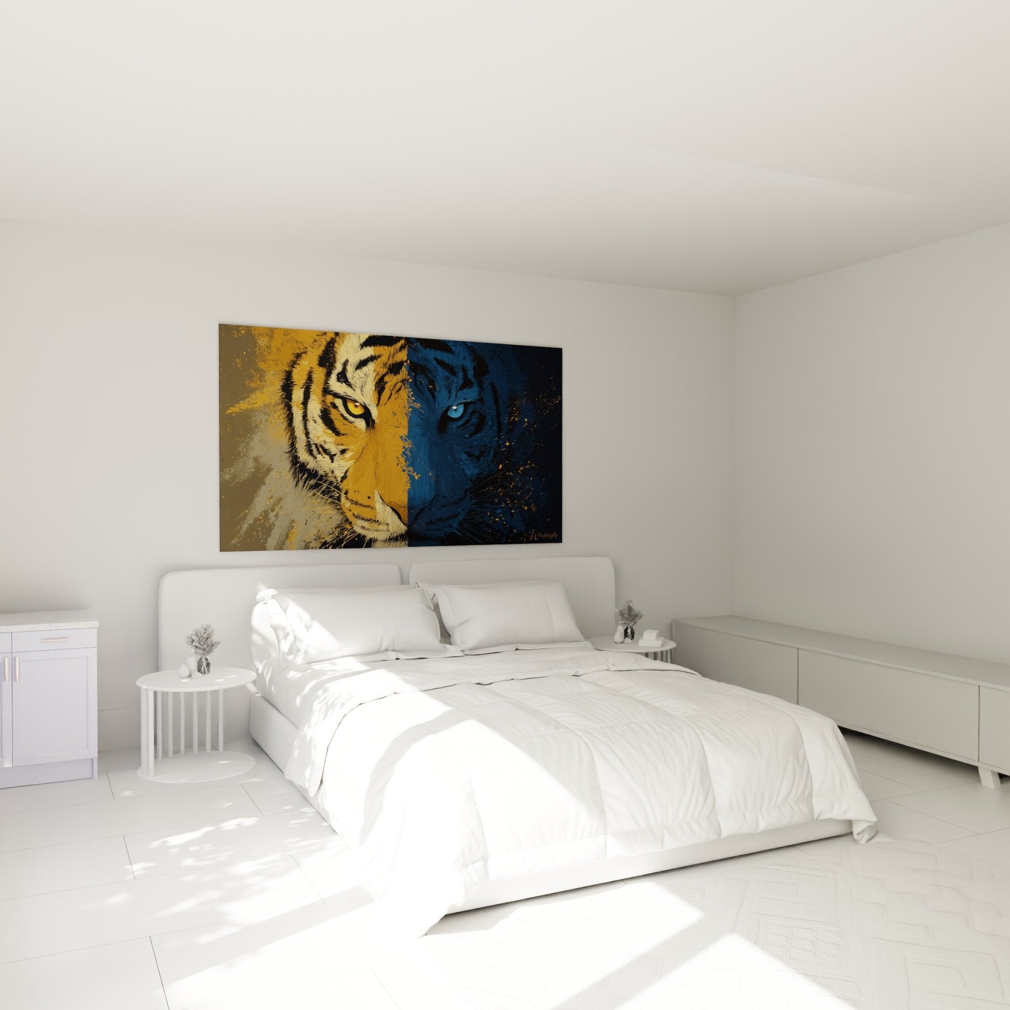 Tableau tigre dualité chromatique orange bleu déco chambre moderne mur blanc mobilier contemporain