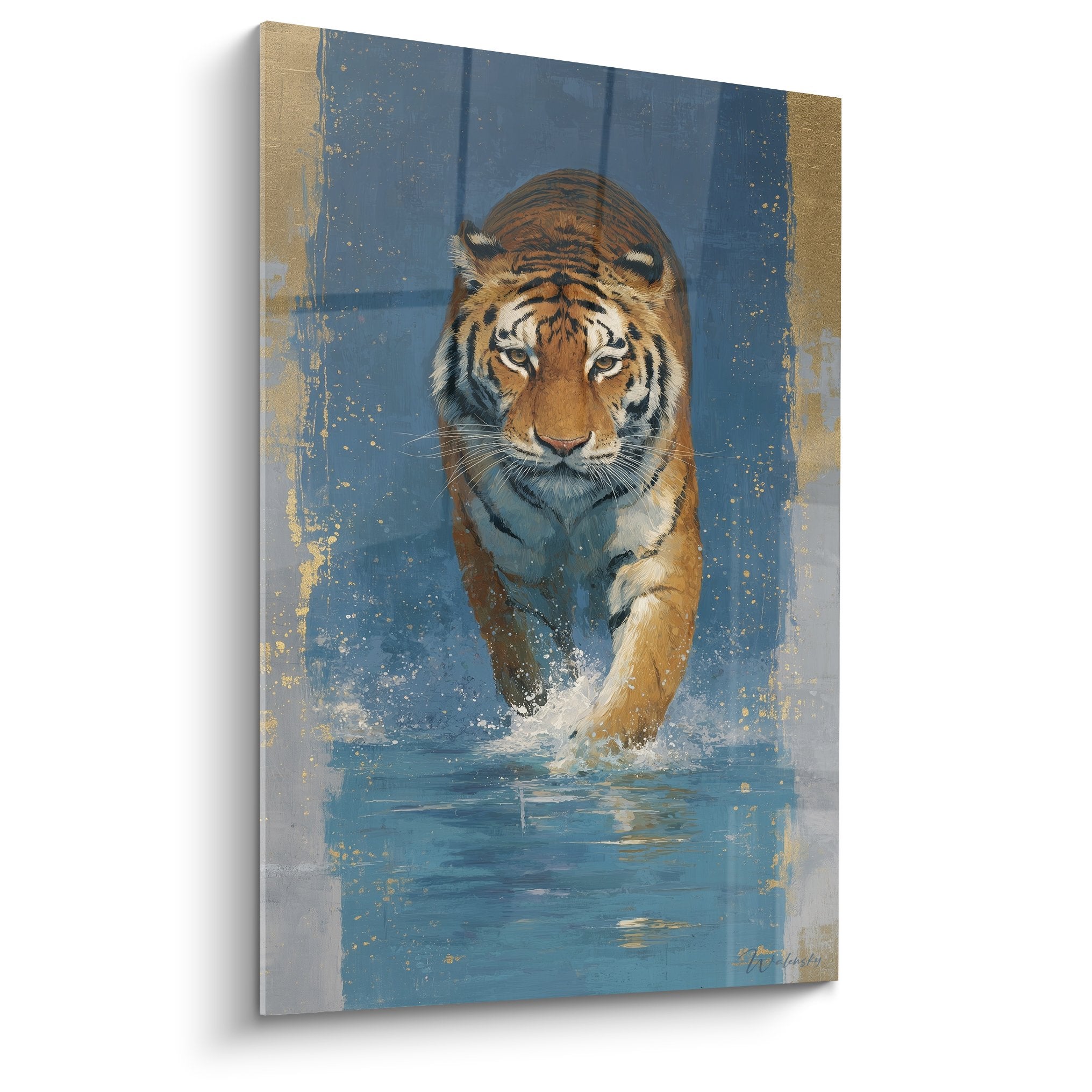 Tableau tigre traversant eau avec eclaboussures dorees sur fond bleu - decoration murale puissante