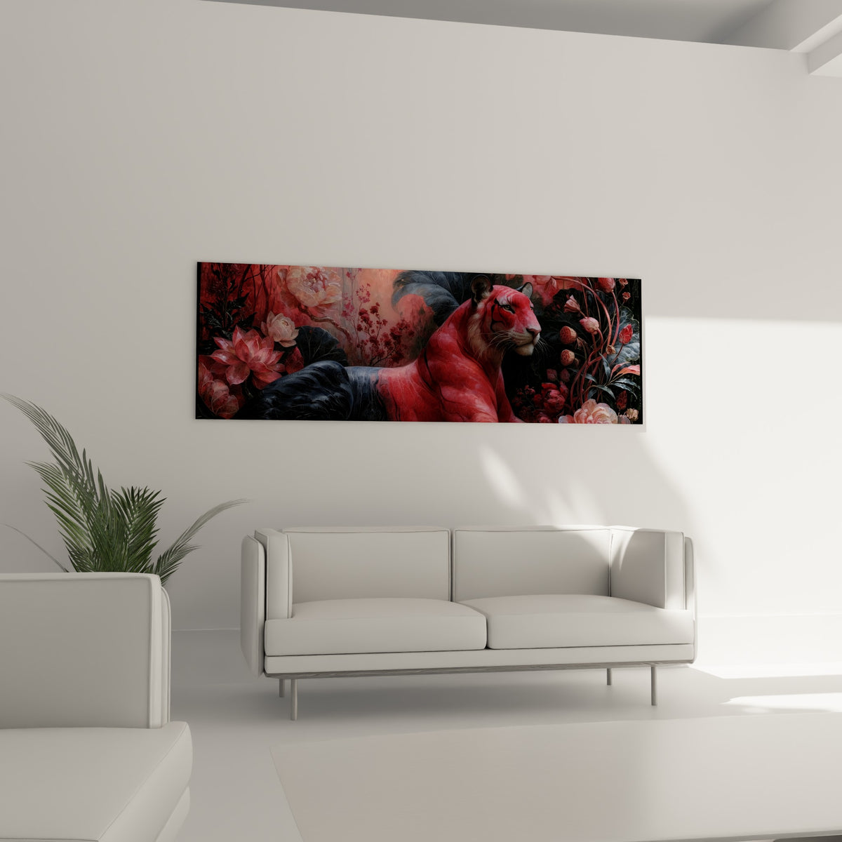 Silhouette rouge et noire du tigre parmi les lotus roses, au-dessus d'un canapé dans un salon lumineux