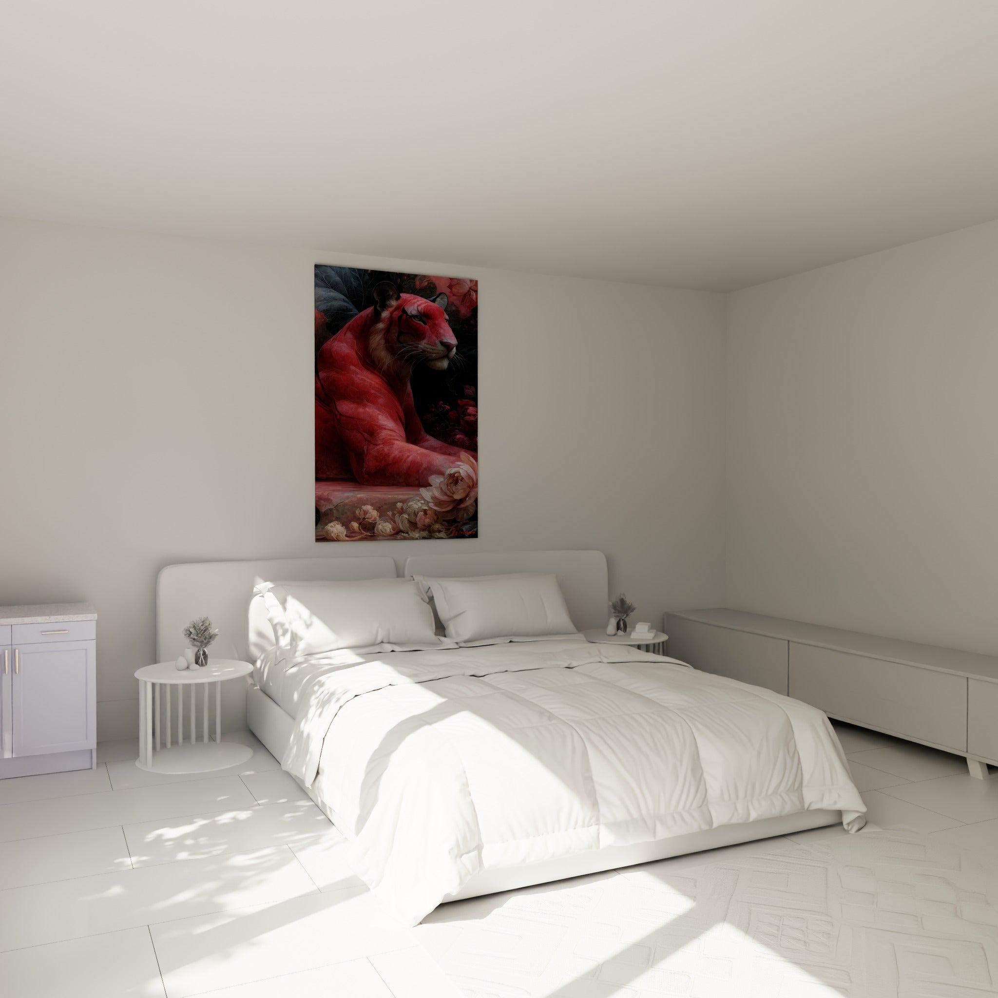 Fauve rouge écarlate au repos entouré de fleurs roses, accroché au-dessus d'un lit dans une chambre claire