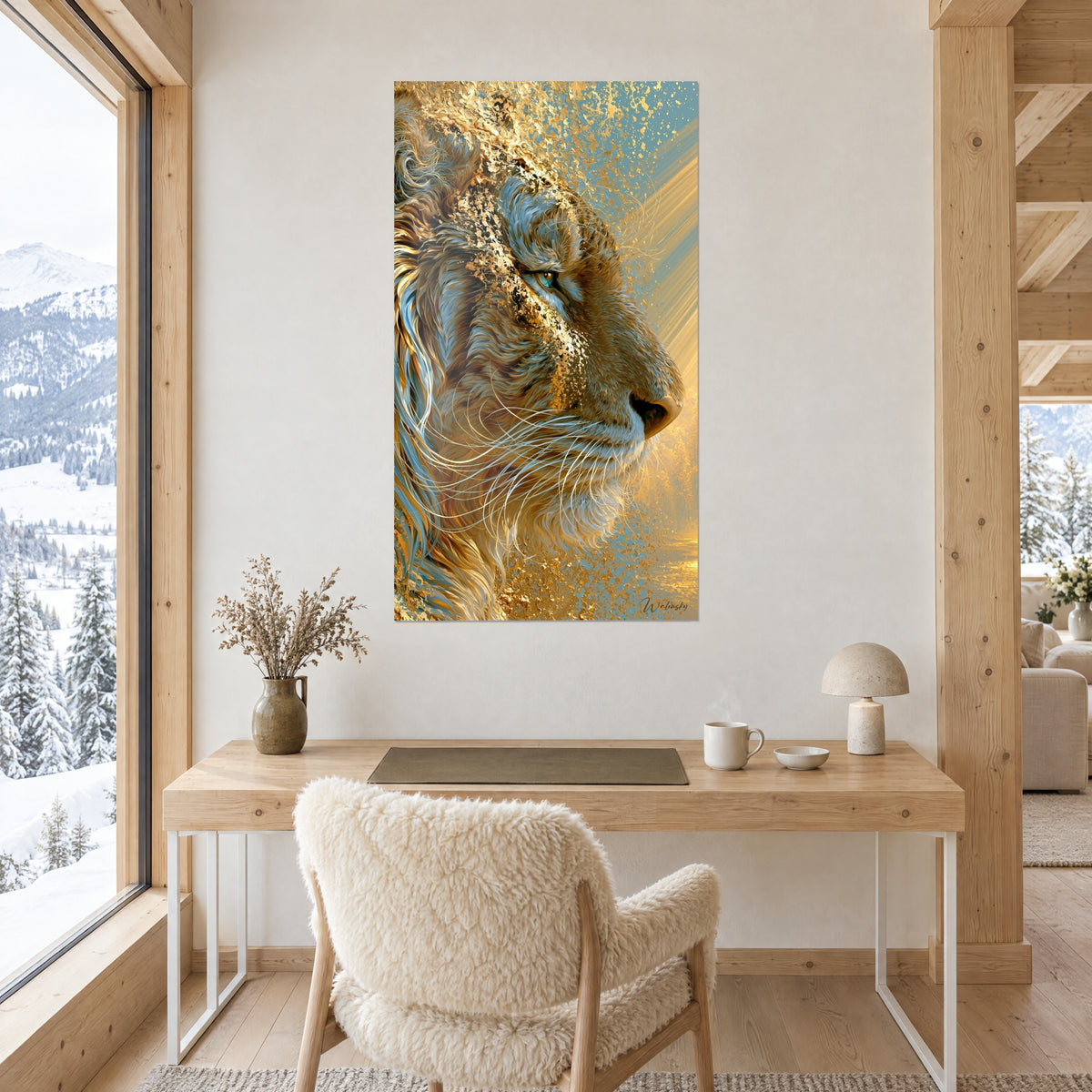 Tableau museau de tigre aux nuances cuivre et bleu poudré, rayons dorés en diagonale, accroché derrière un bureau en bois clair