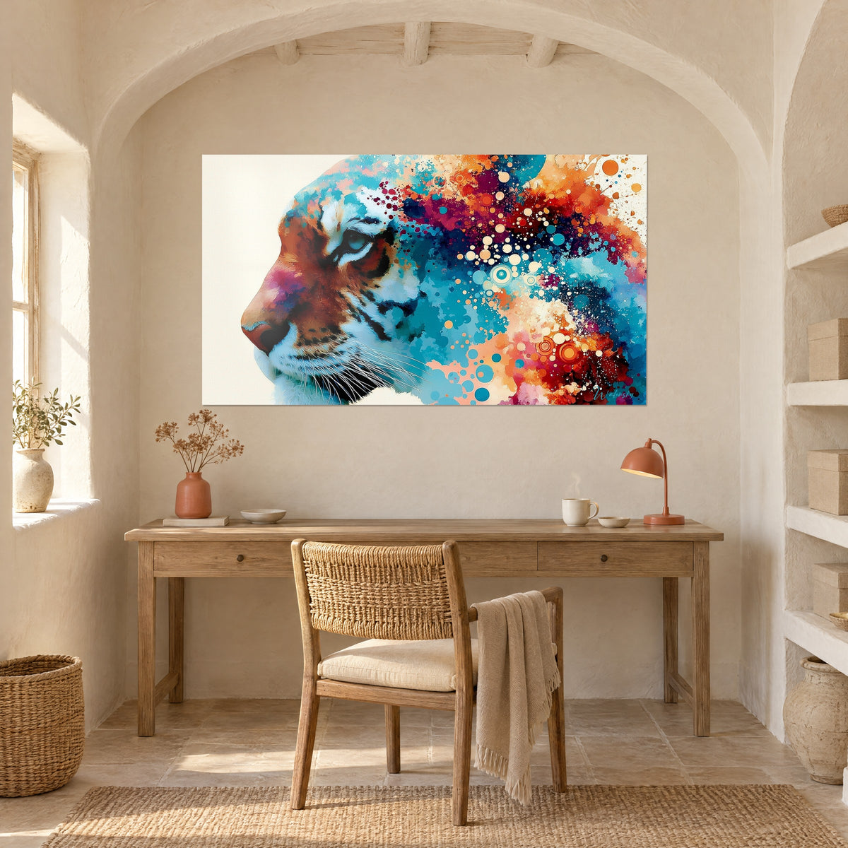 Tableau fauve de profil, museau orangé et fourrure bleu pétrole, cercles ocre dispersés, accroché au-dessus d'un bureau en bois près d'une arche