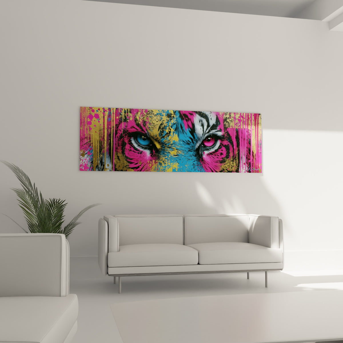 Yeux de tigre rose et bleu cerclés de doré éclatant, tableau au-dessus d'un canapé dans un salon lumineux