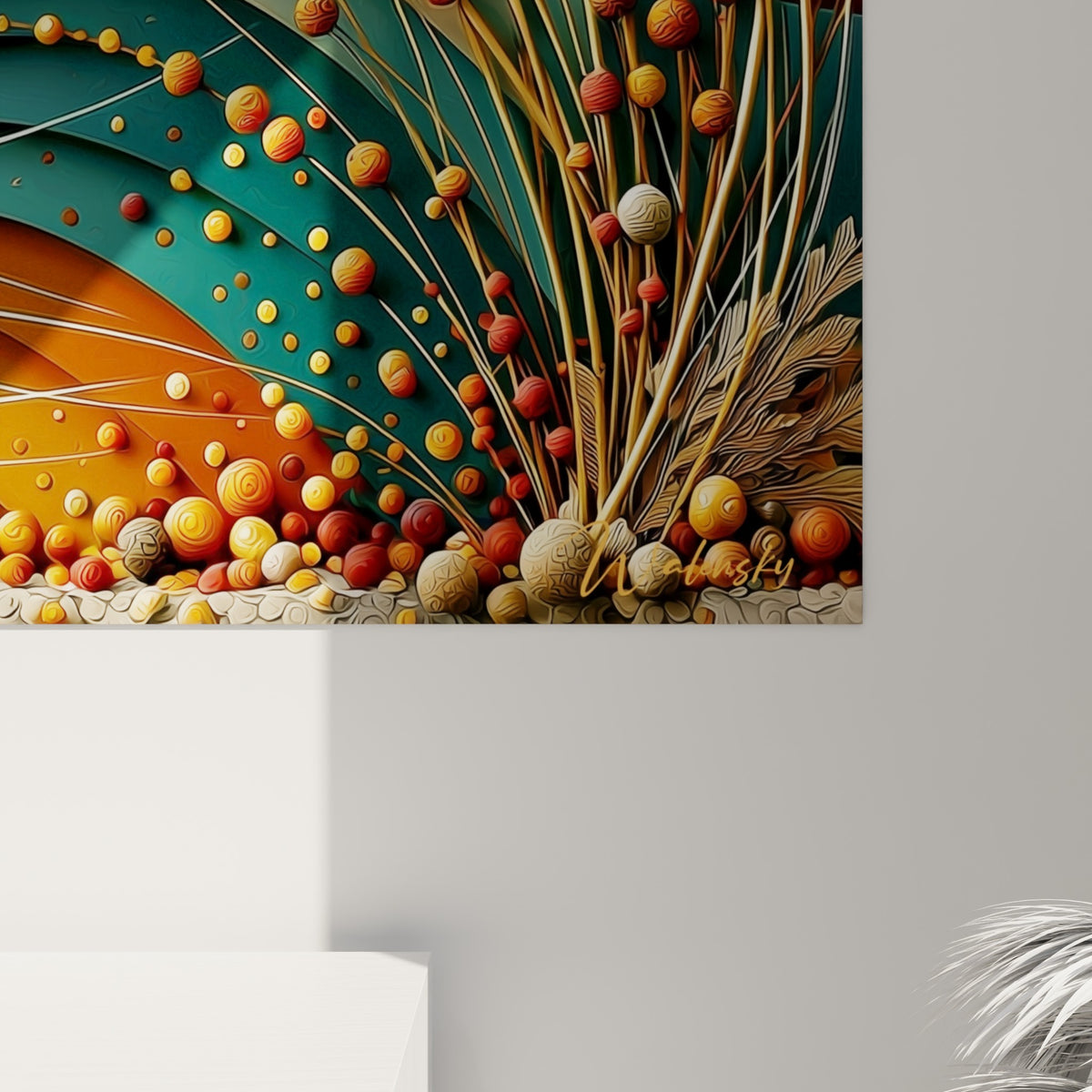 Empâtements dorés et coulures ocre se mêlant aux rayures noires sur cette toile texturée du tigre