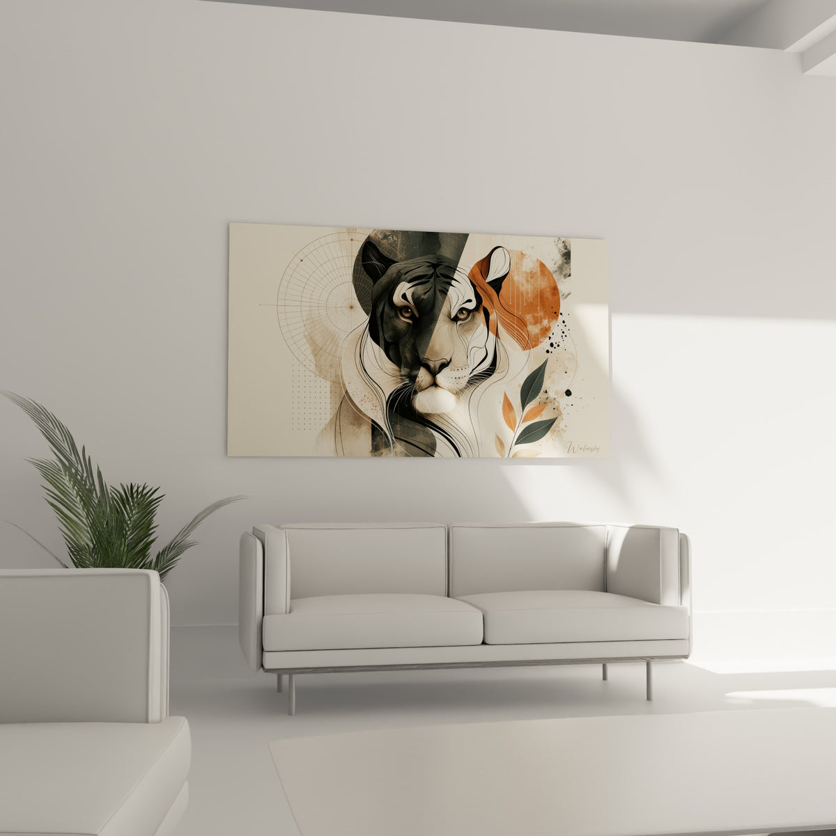 Visage de tigre tracé à l'encre fine, teintes anthracite et rouille, au-dessus d'un canapé dans un salon lumineux