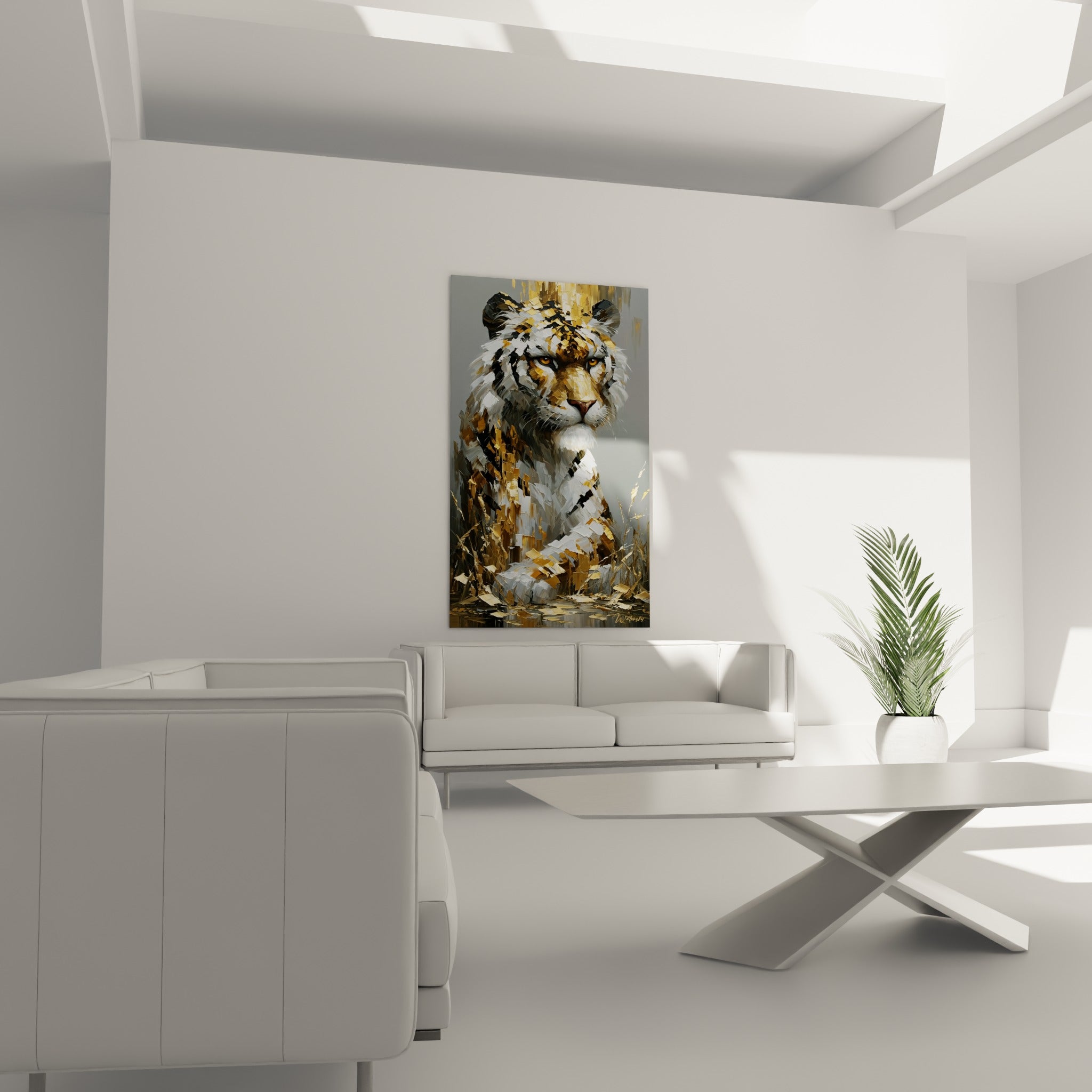 Tigre fauve aux empâtements dorés et gris, positionné au-dessus d'un canapé dans un salon lumineux