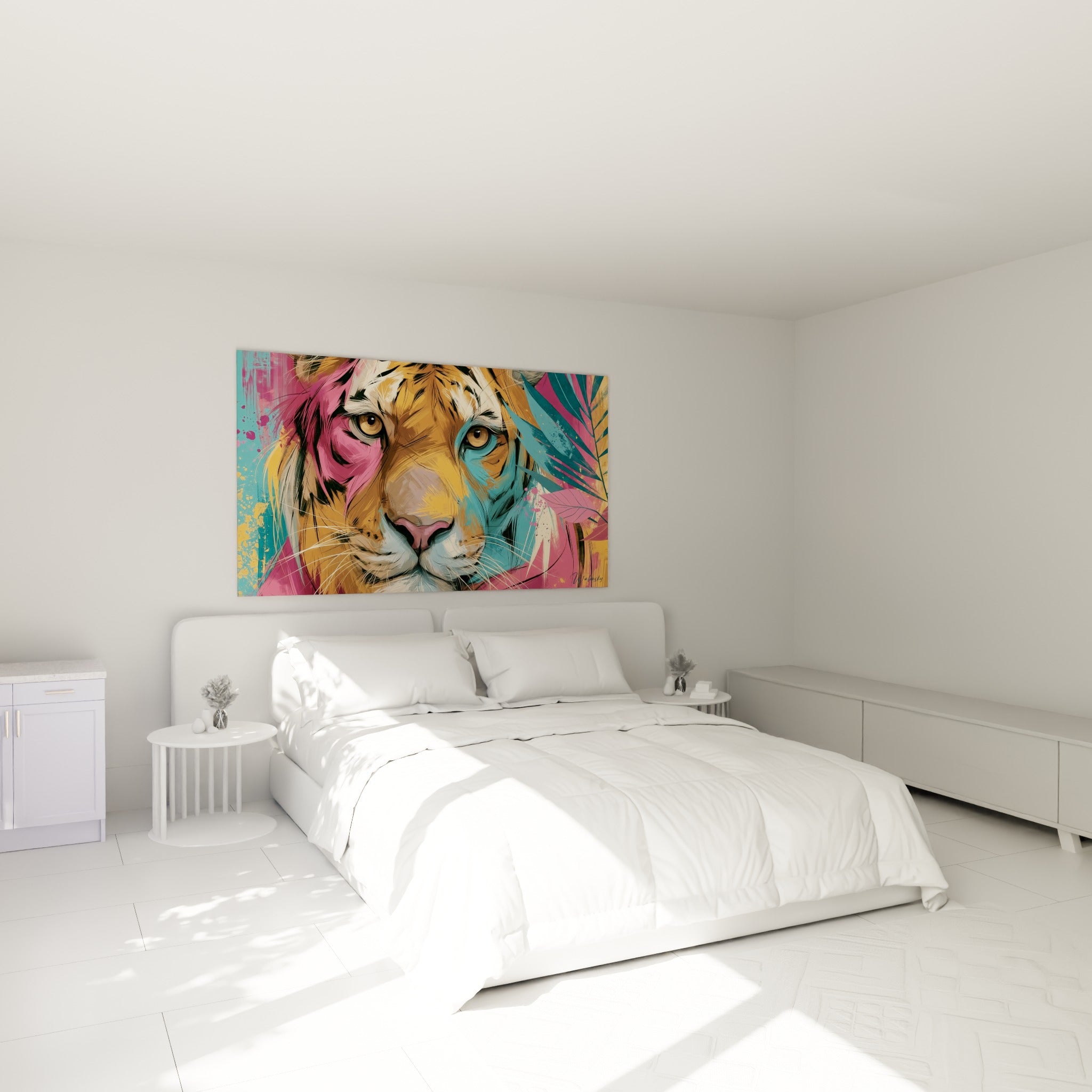 Museau de tigre fauve et rose fuchsia, traits vifs et empâtés, au-dessus d'un lit dans une chambre claire