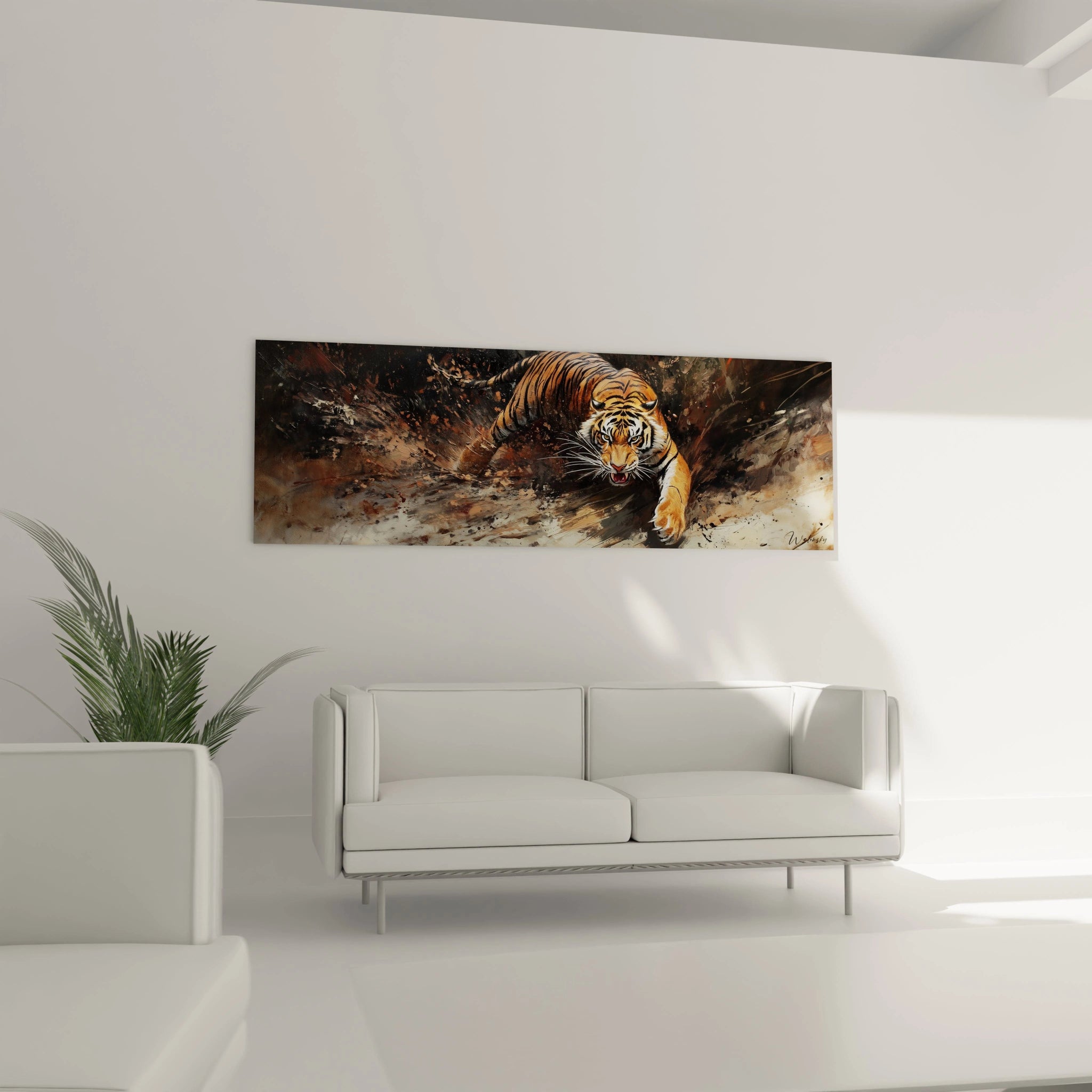 Tableau tigre Walensky accroché au mur d'un salon moderne minimaliste avec canapé blanc