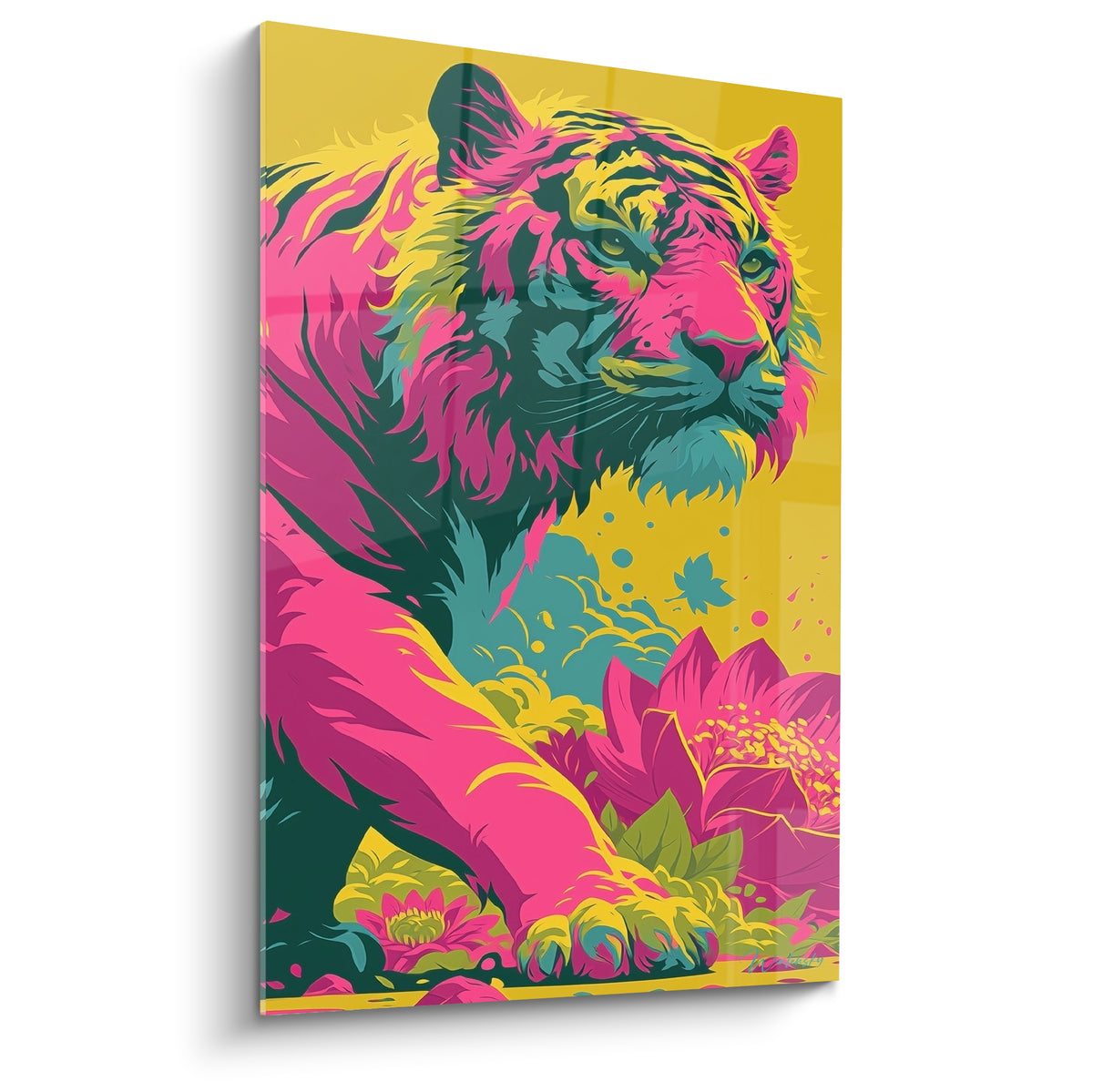 Tigre en rose fuchsia et jaune moutarde, regard perçant parmi les fleurs de lotus roses