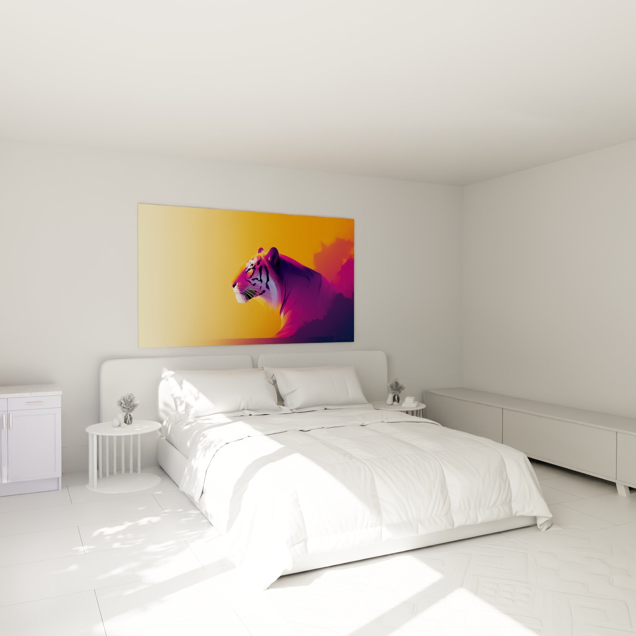 Félin orange et fuchsia au regard intense, accroché au-dessus d'un lit dans une chambre claire